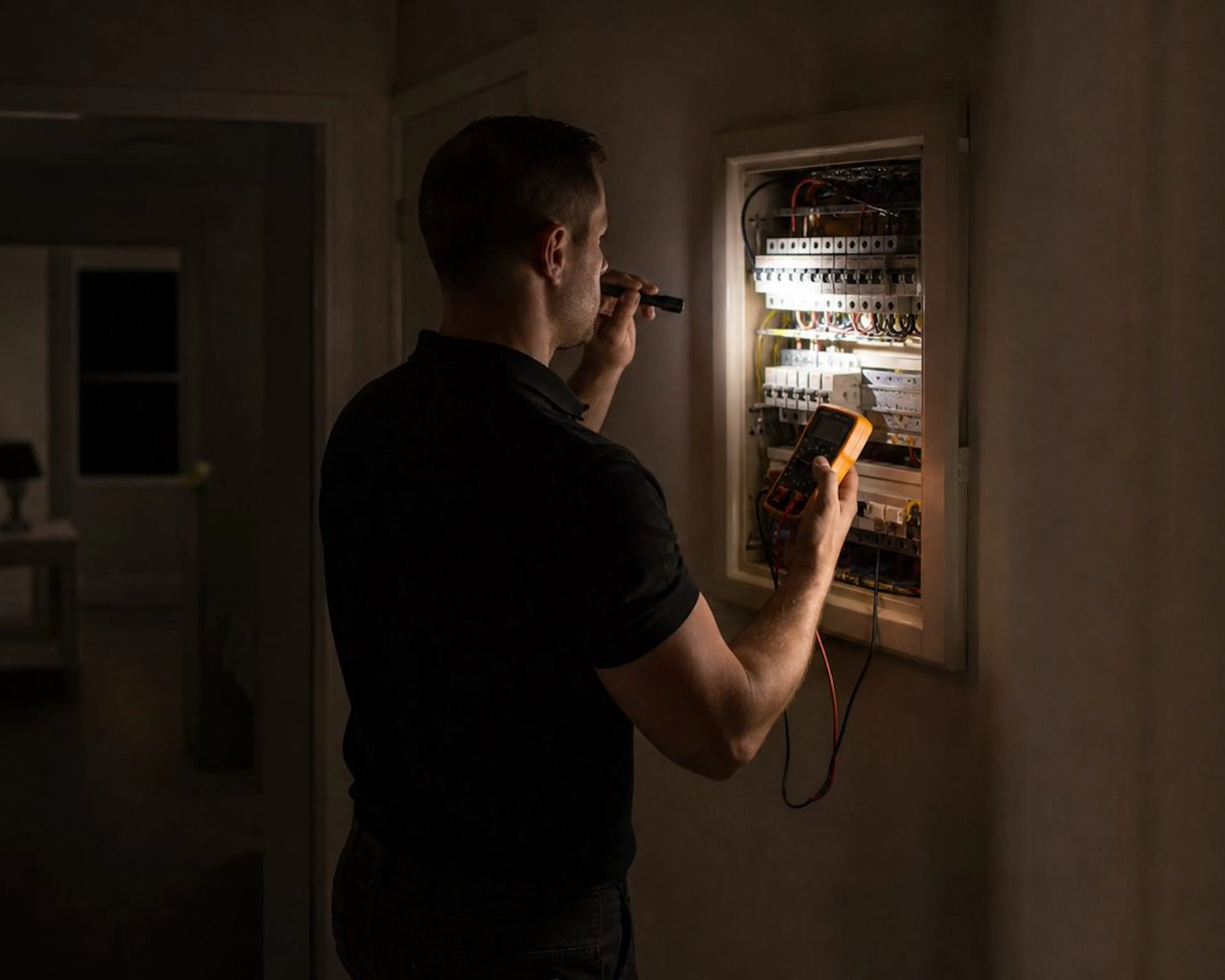 Electrician checking a home switchboard by torchlight during a power outage