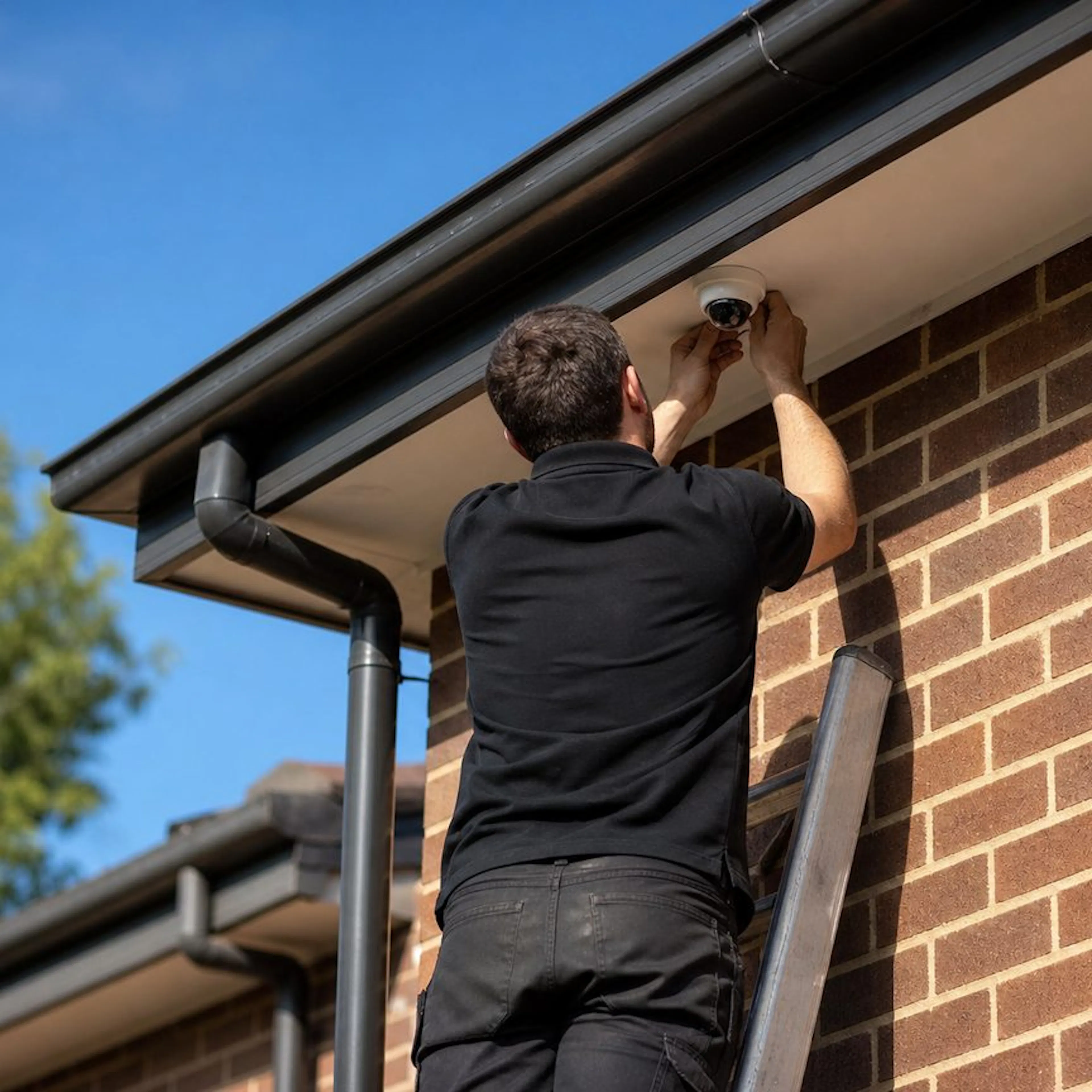 Electrician installing a security camera under the eaves