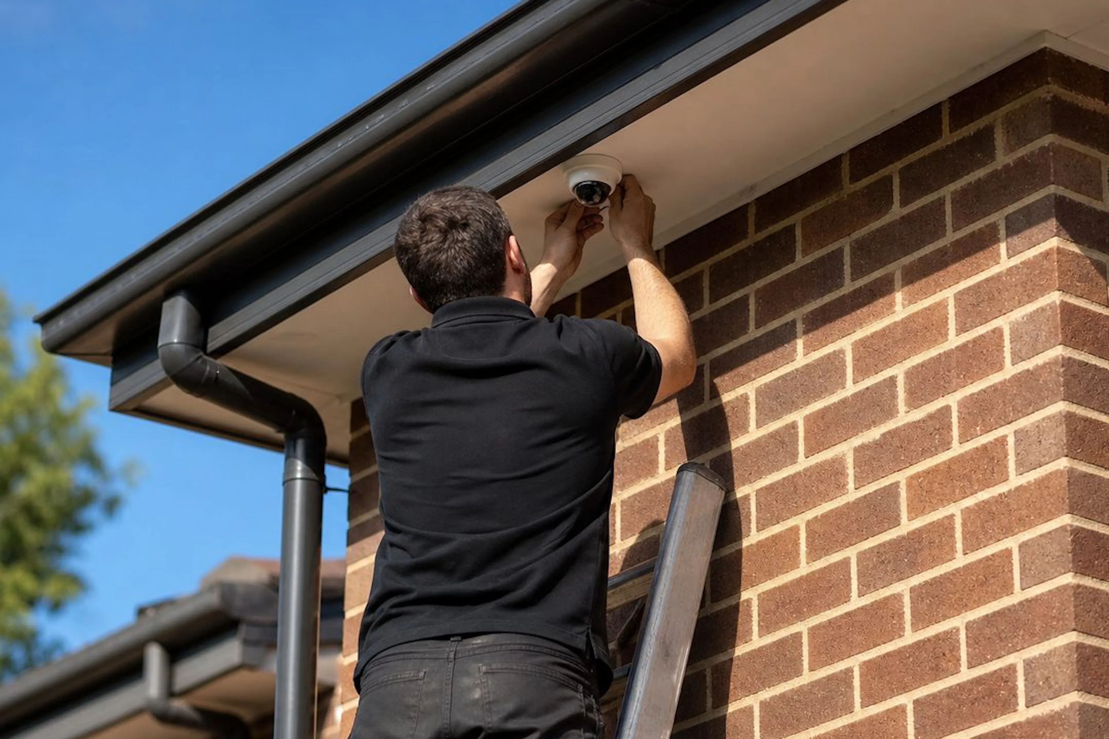 Impulse Electrical Enterprise electrician on a ladder installing a CCTV camera under the eaves of a brick home