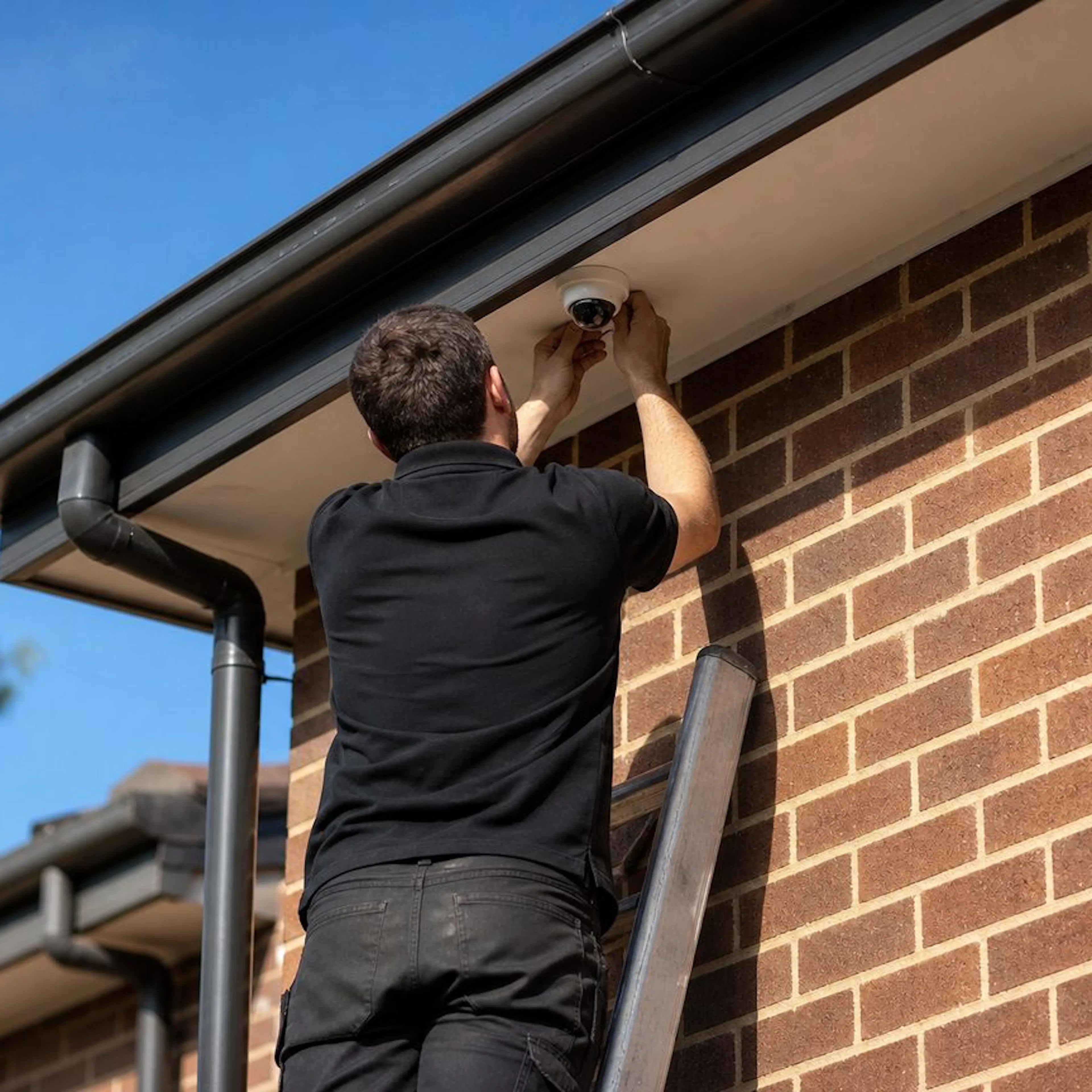 Licensed electrician installing a CCTV camera on a Sydney home