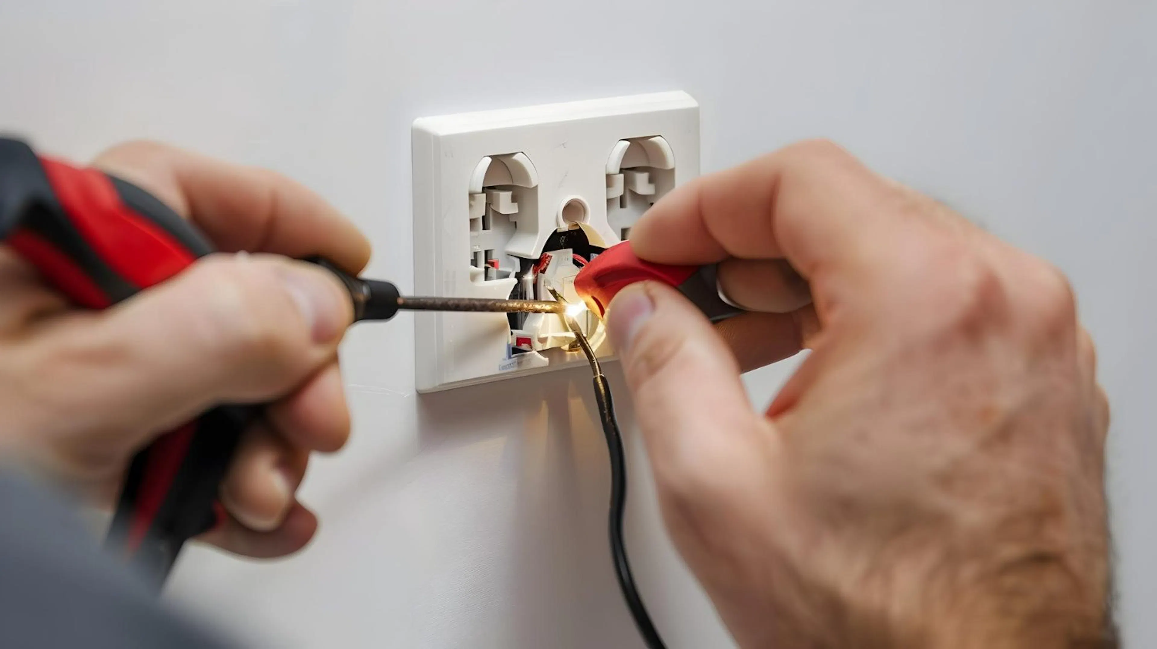 Electrician connecting wires to a wall power point