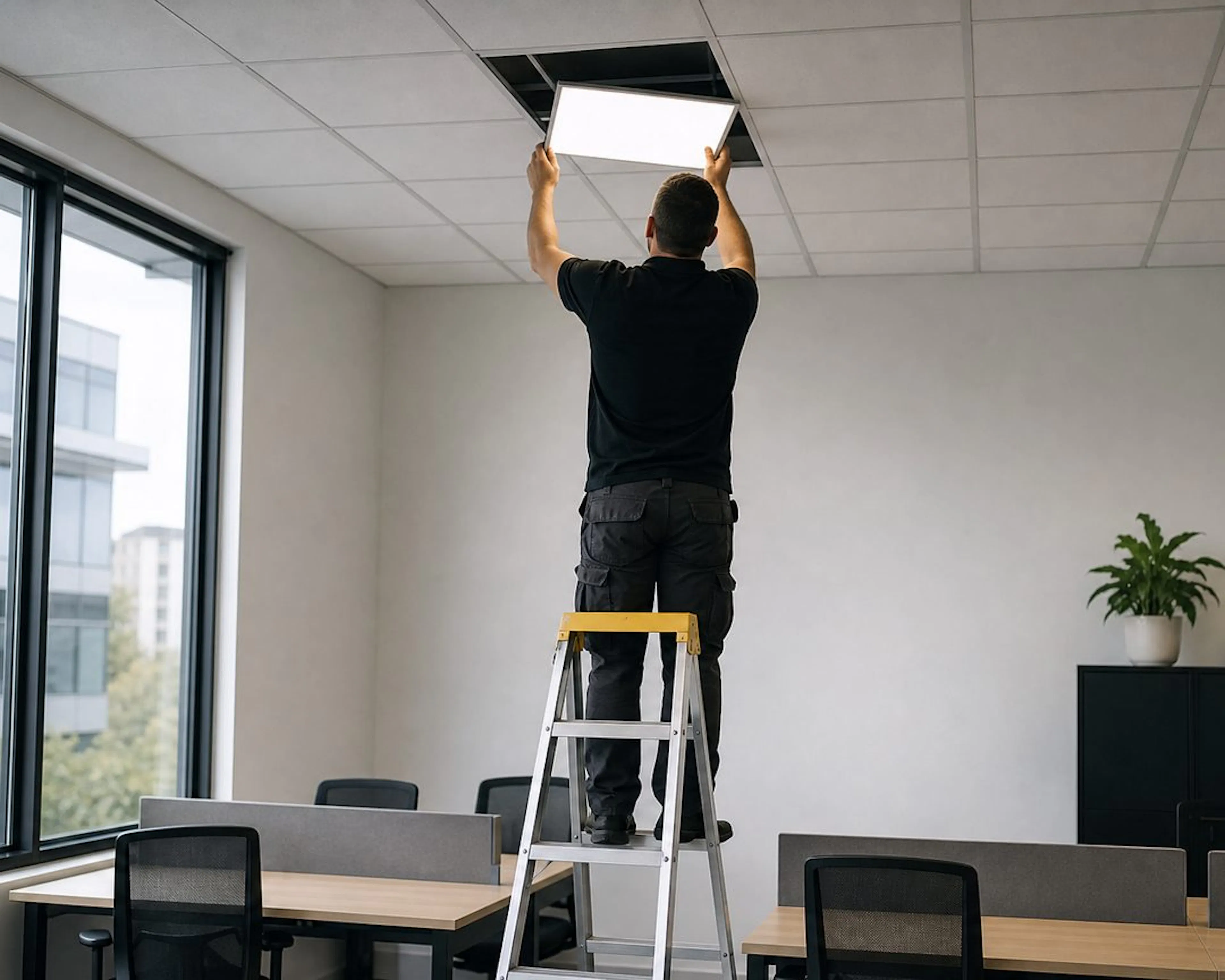 Electrician replacing LED panel lights in an office ceiling