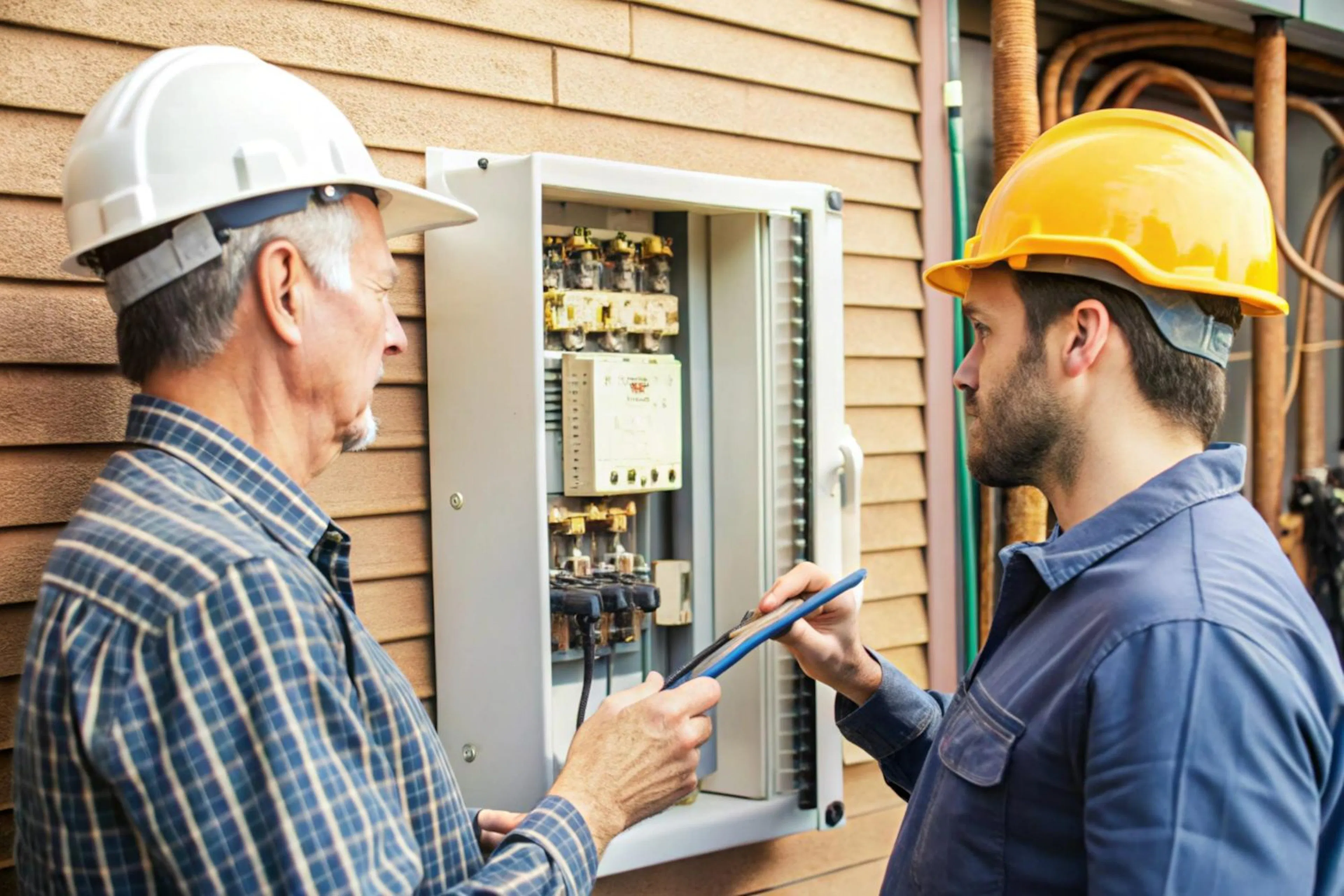 Two electricians in hard hats looking over a switchboard on the outside wall of a house