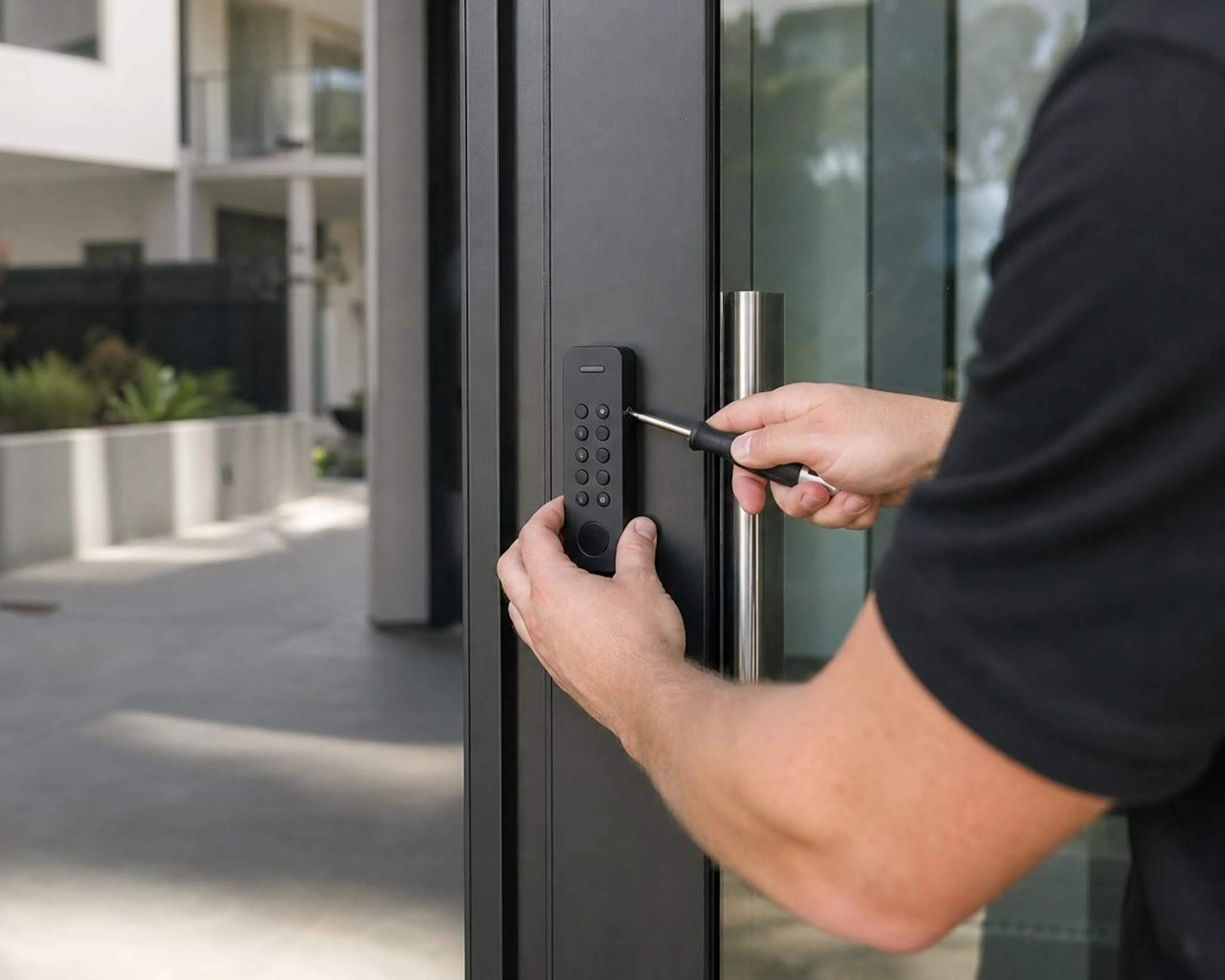 Electrician fitting a fob reader beside a building door