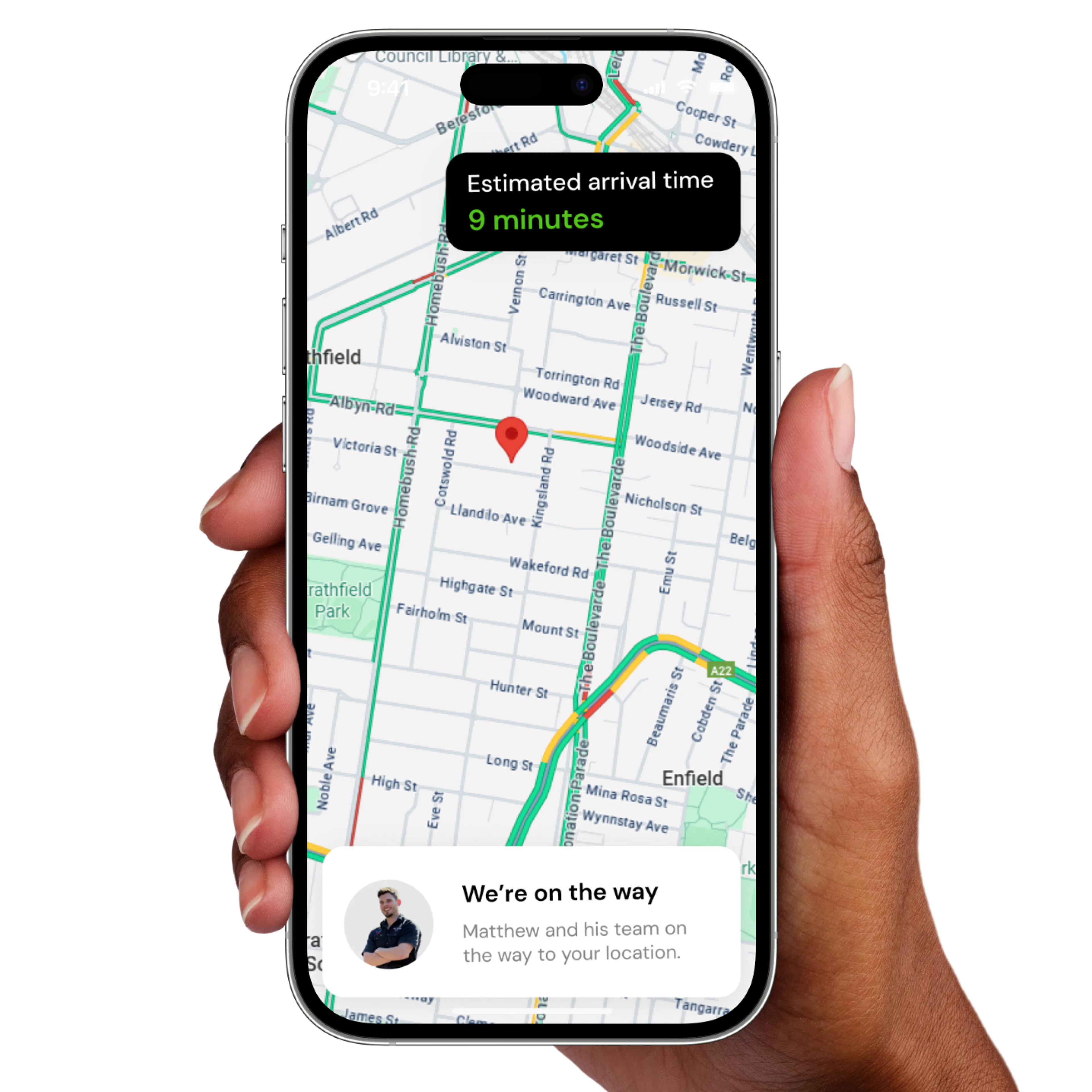 Hand holding a phone showing the Impulse Electrical Enterprise electrician on the way on a map, arriving in 9 minutes
