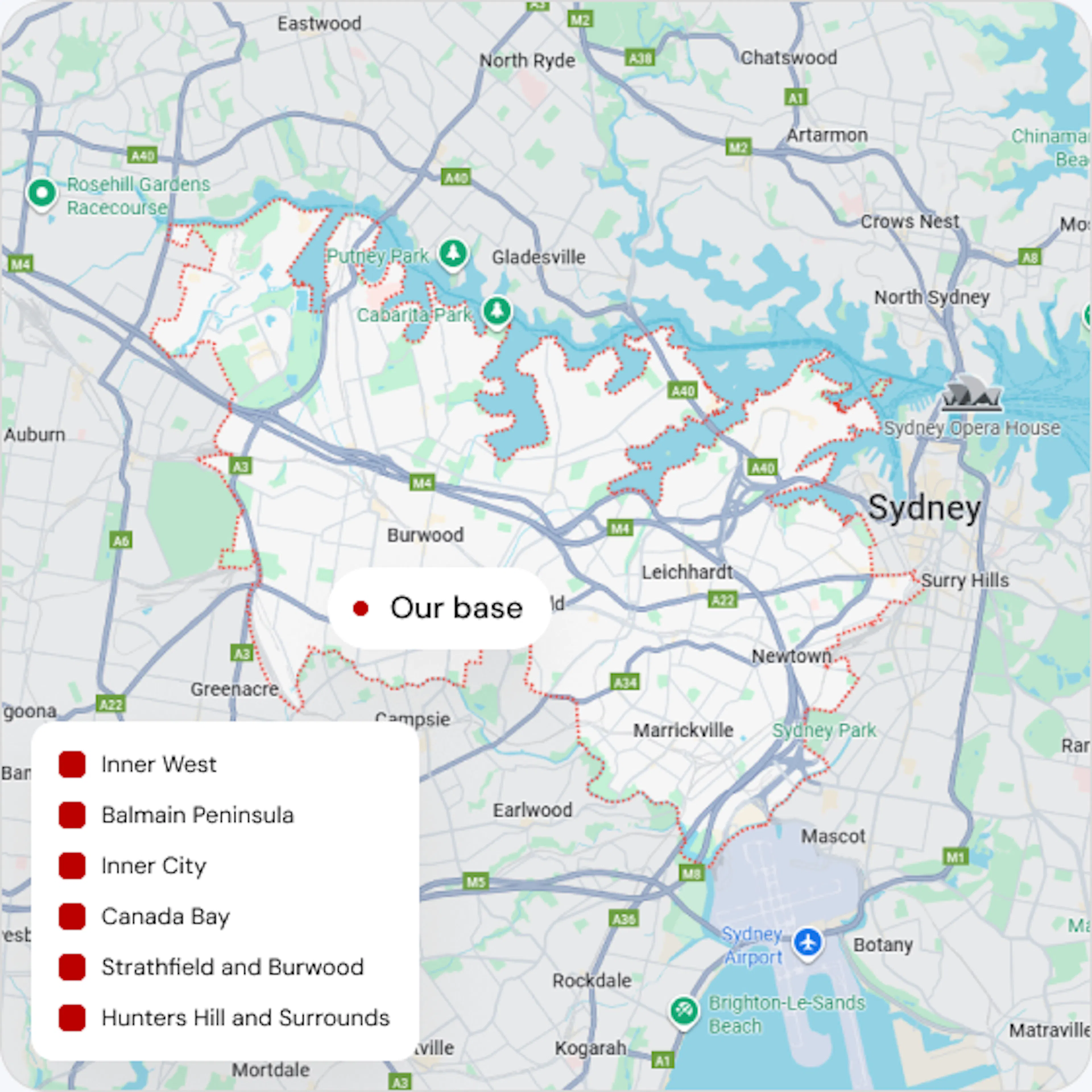 Map of Sydney with the six areas we cover outlined in red (Inner West, Balmain Peninsula, Inner City, Canada Bay, Strathfield and Burwood, and Hunters Hill and Surrounds) and our base in Strathfield