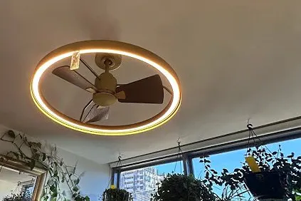 Ceiling fan with a built-in LED ring light in a bright living room