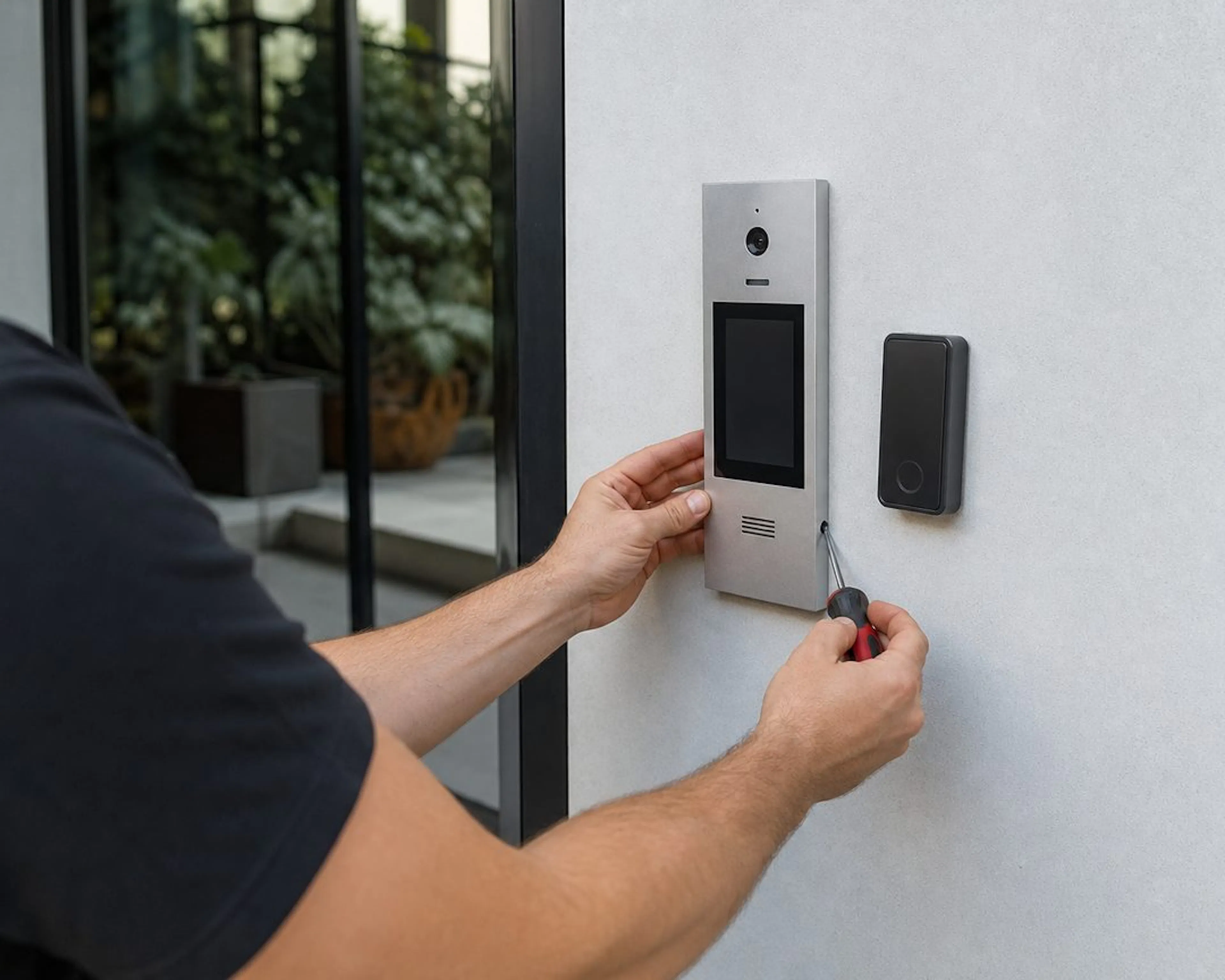 Electrician installing a video intercom and fob reader at an apartment entrance