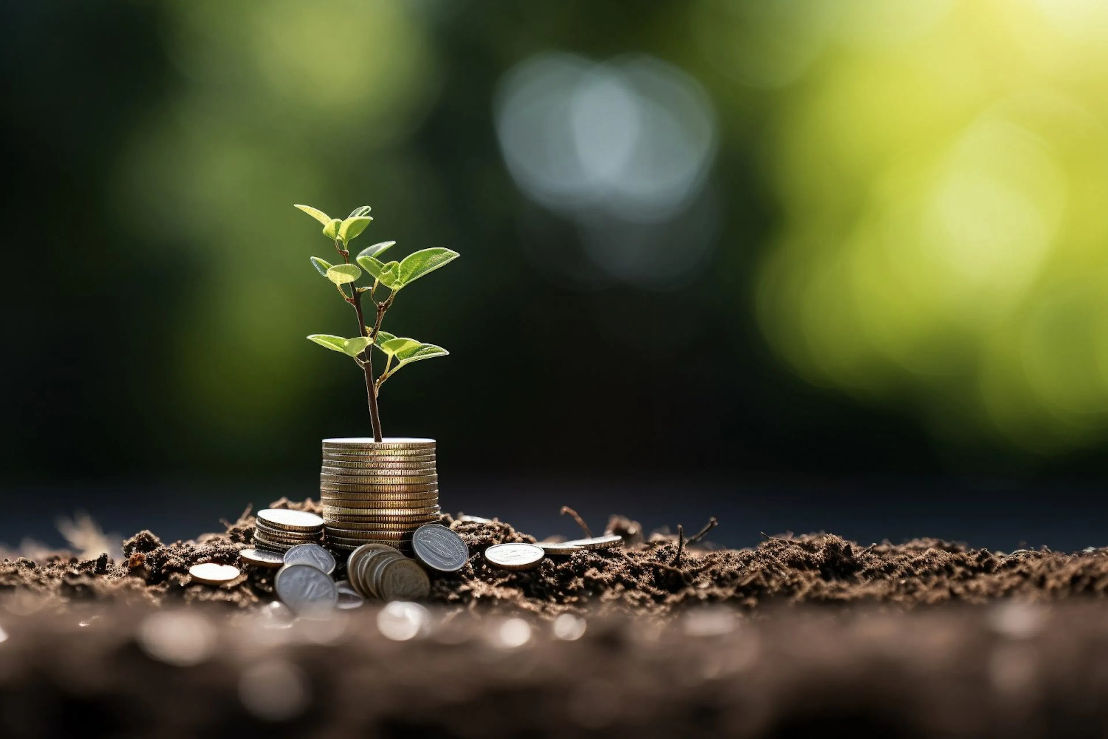 Small plant growing from a stack of coins in soil