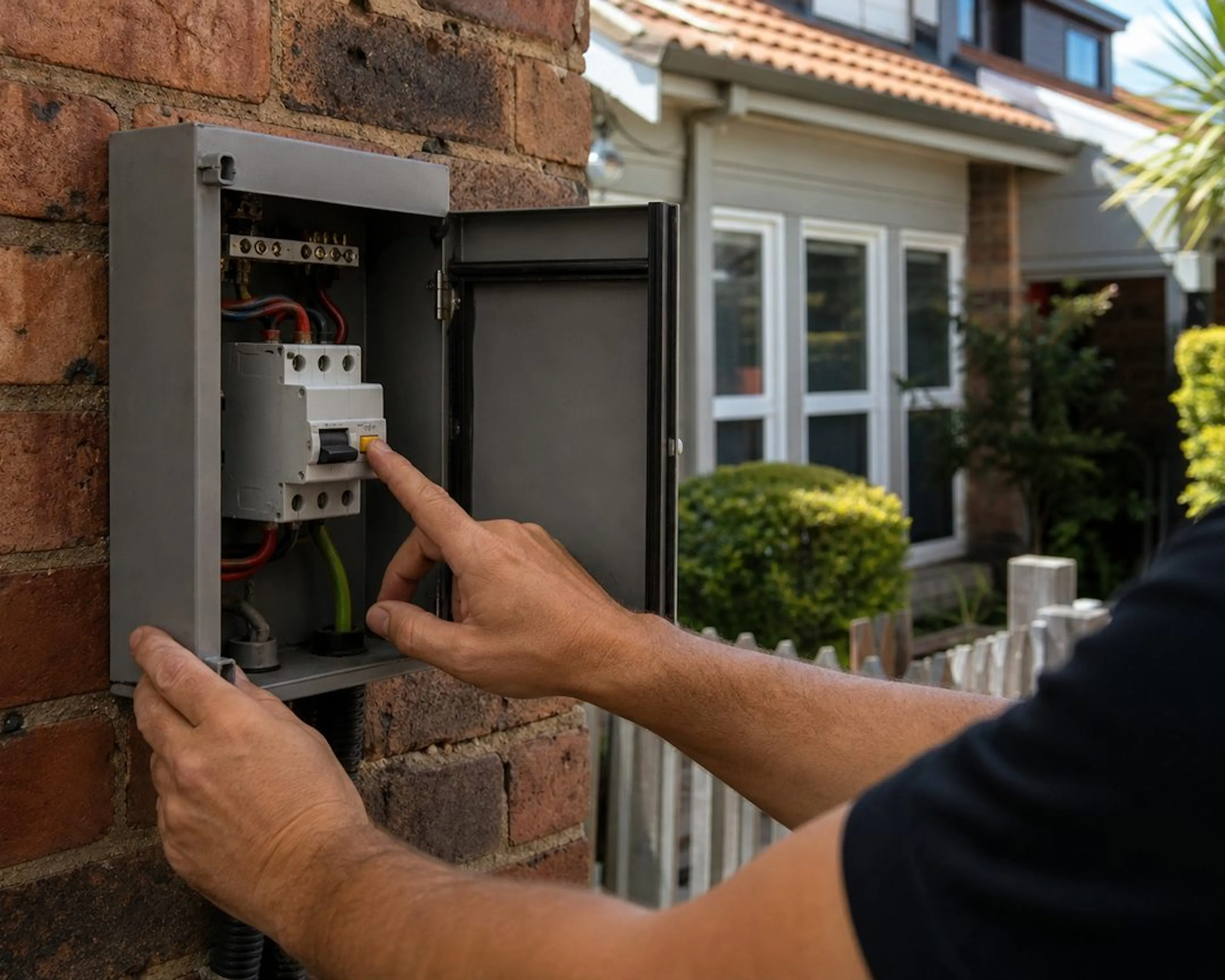 Electrician testing safety switches in a rental property switchboard