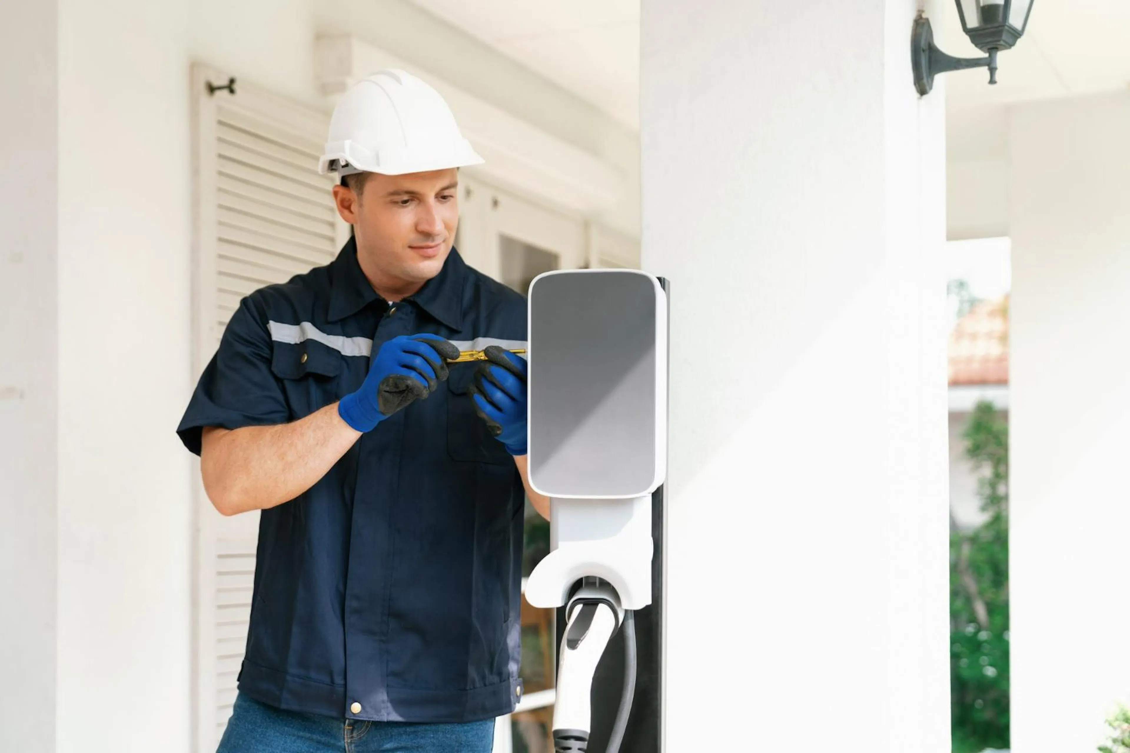 Electrician installing a wall-mounted EV charger