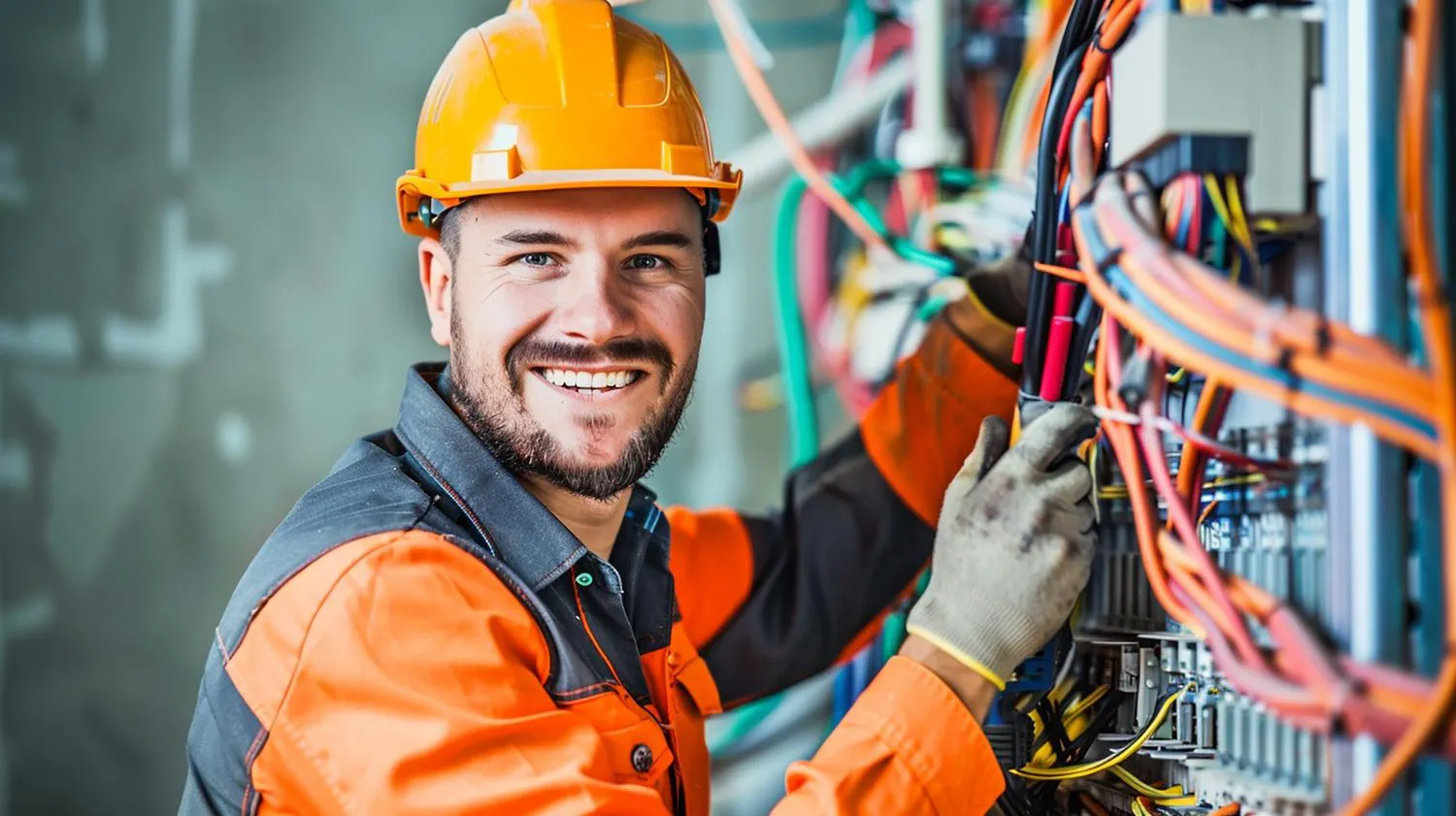 Smiling electrician in a hard hat wiring a switchboard