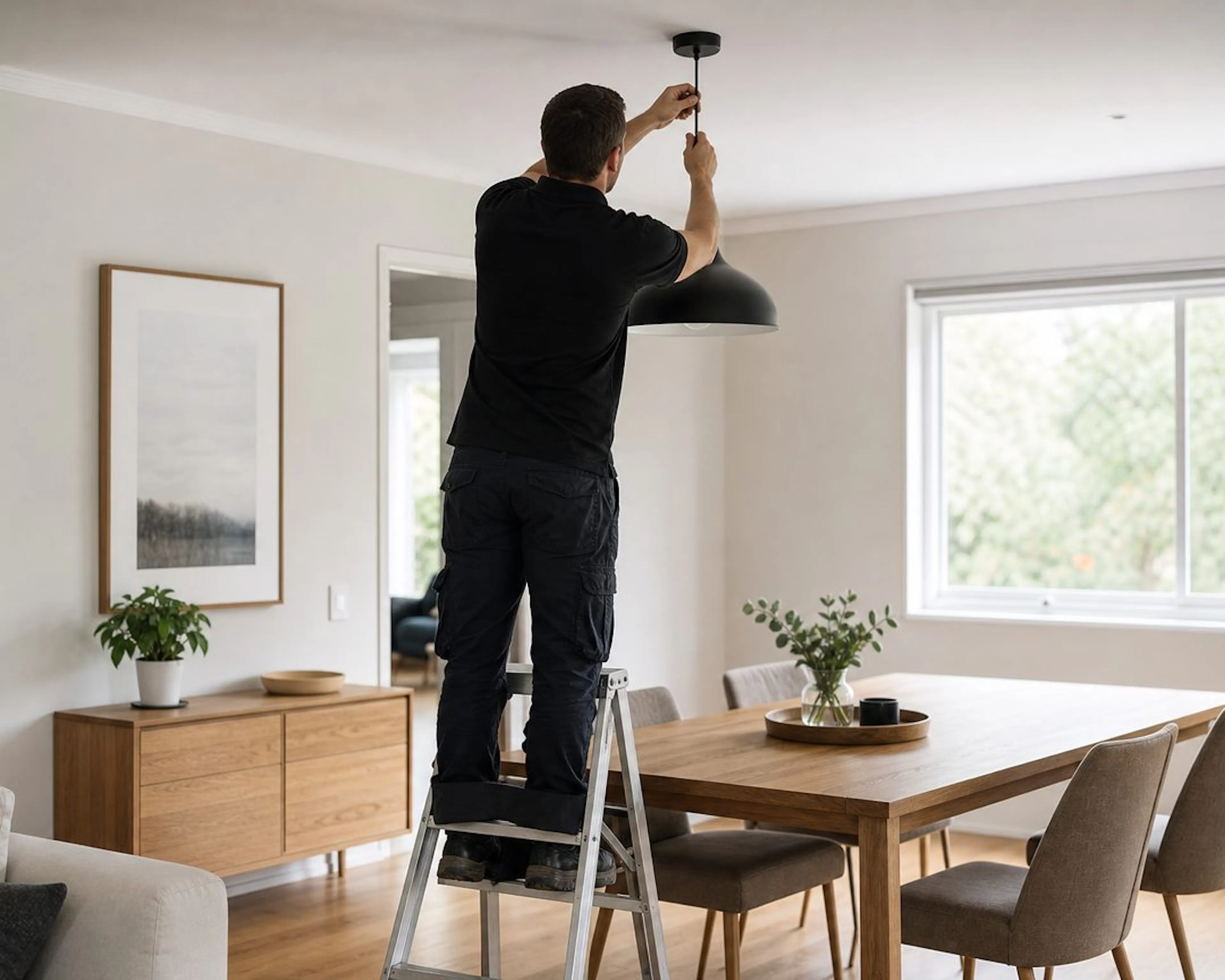 Electrician fitting a pendant light in a Sydney living room