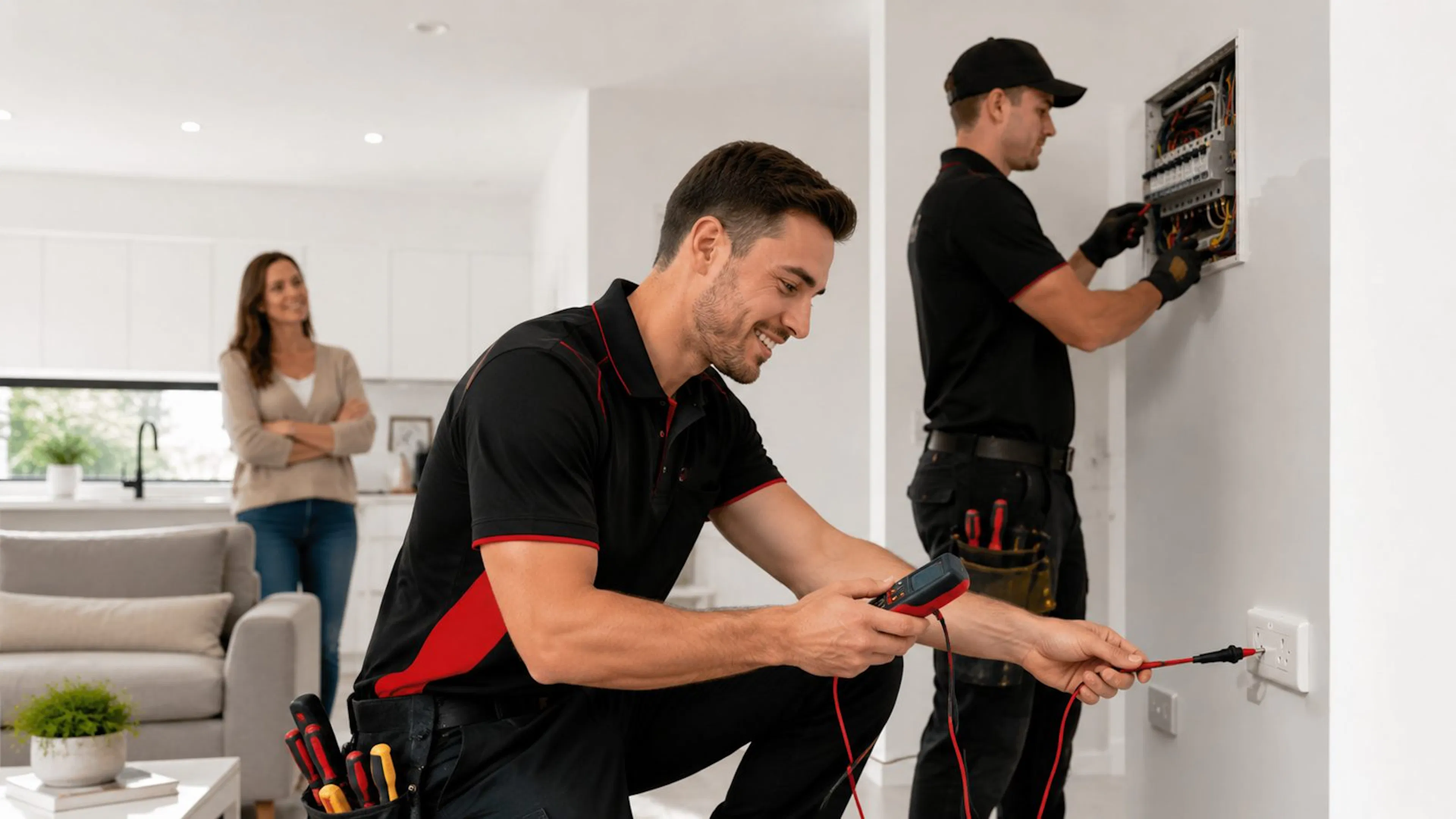 Electricians testing a power point and a switchboard in a home while the owner watches