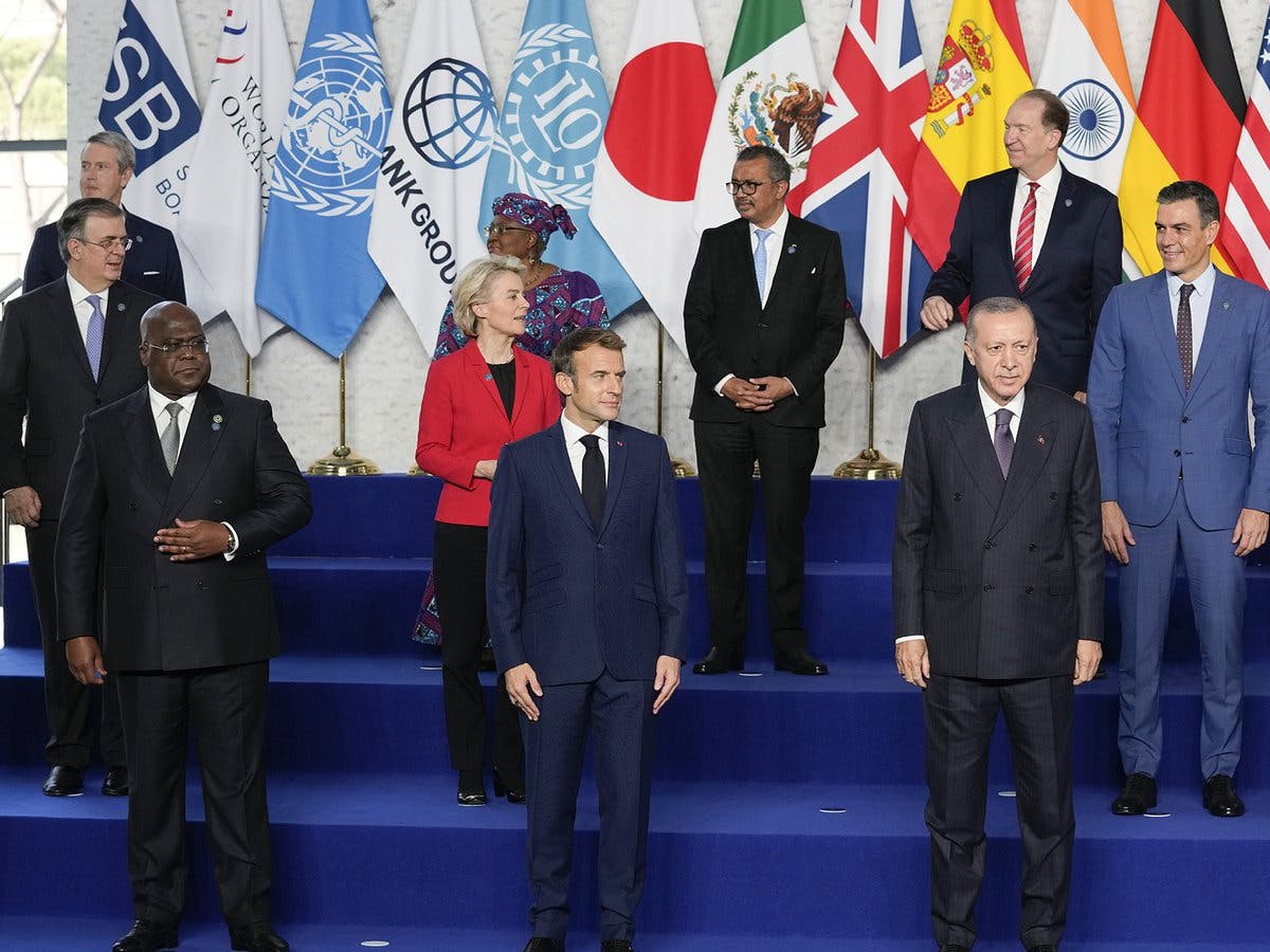 World leaders pose for a group photo at the La Nuvola conference center for the G20 Summit in Rome on Saturday, Oct. 30, 2021. The two-day Group of 20 summit was the first in-person gathering of leaders of the world's biggest economies since the pandemic.