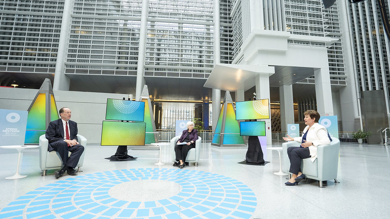David Malpass, Janet Yellen, and Kristalina Georgieva at World Bank spring meeting event. 