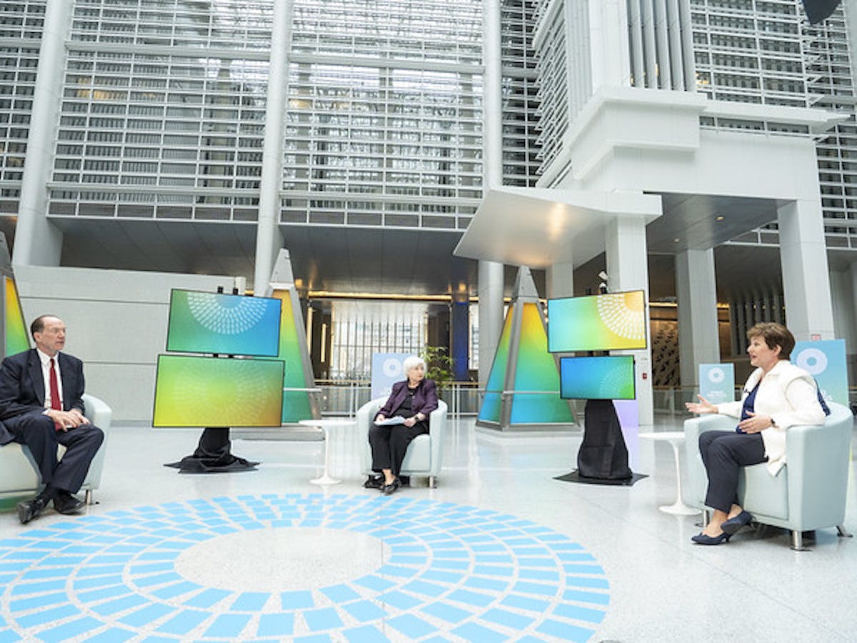 David Malpass, Janet Yellen, and Kristalina Georgieva at World Bank spring meeting event.