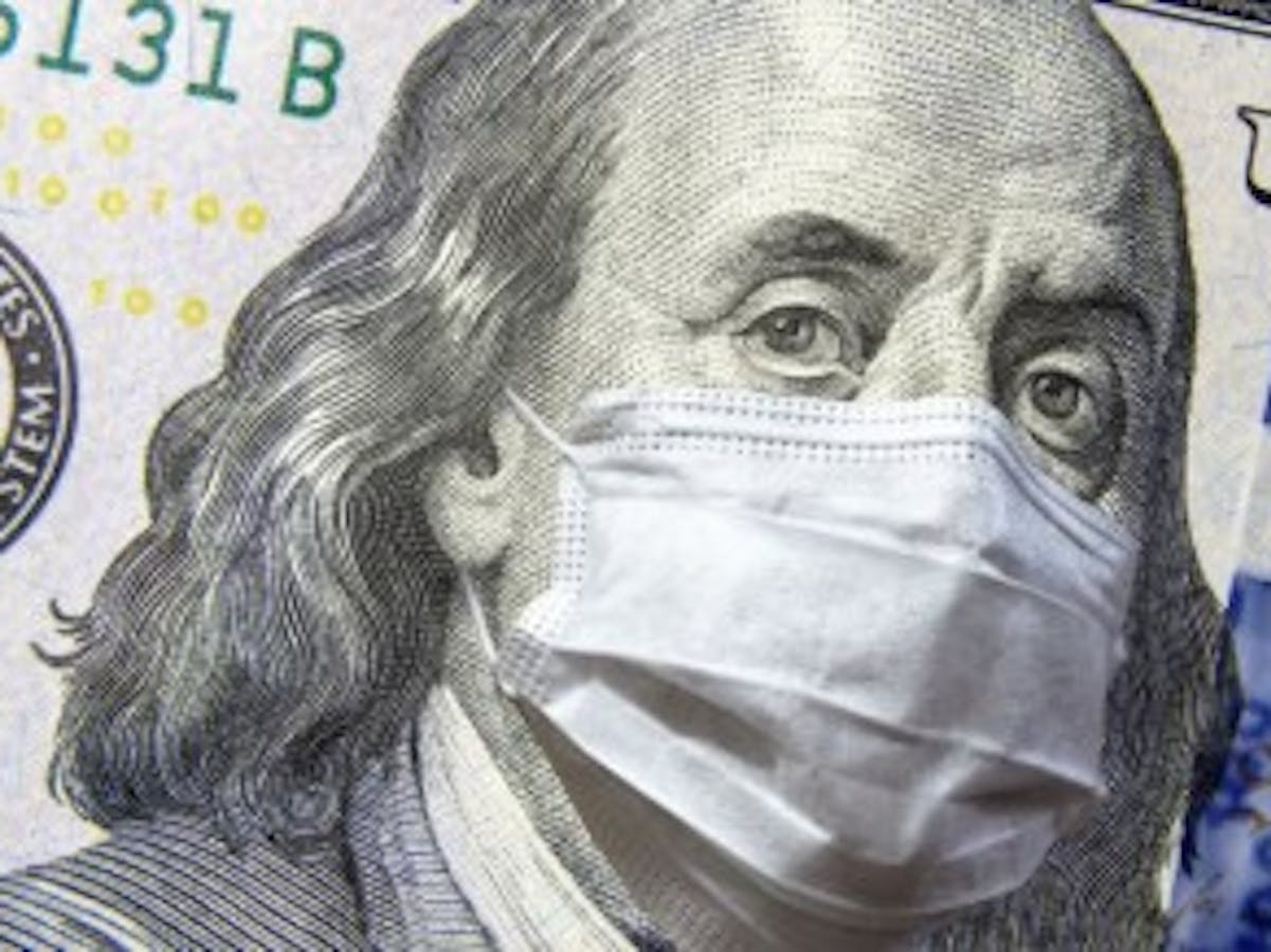 Image on Ben Franklin on $100 bill wearing face mask