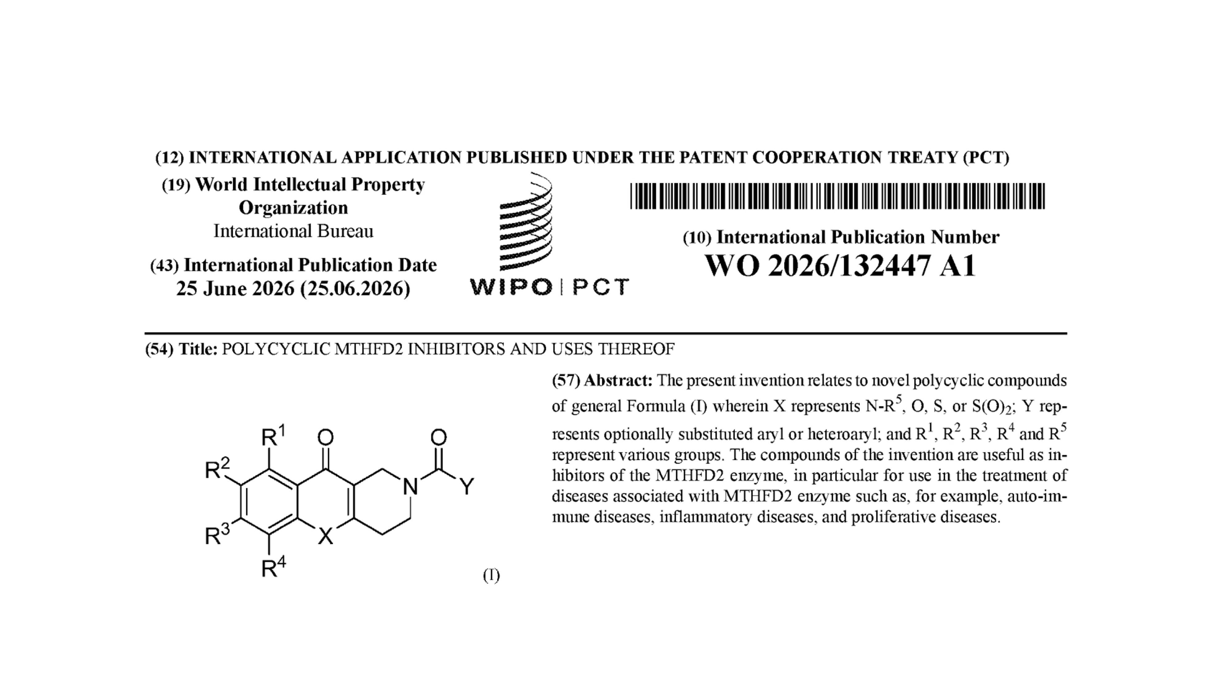 New Patent Publication: Polycyclic MTHFD2 Inhibitors and Uses Thereof