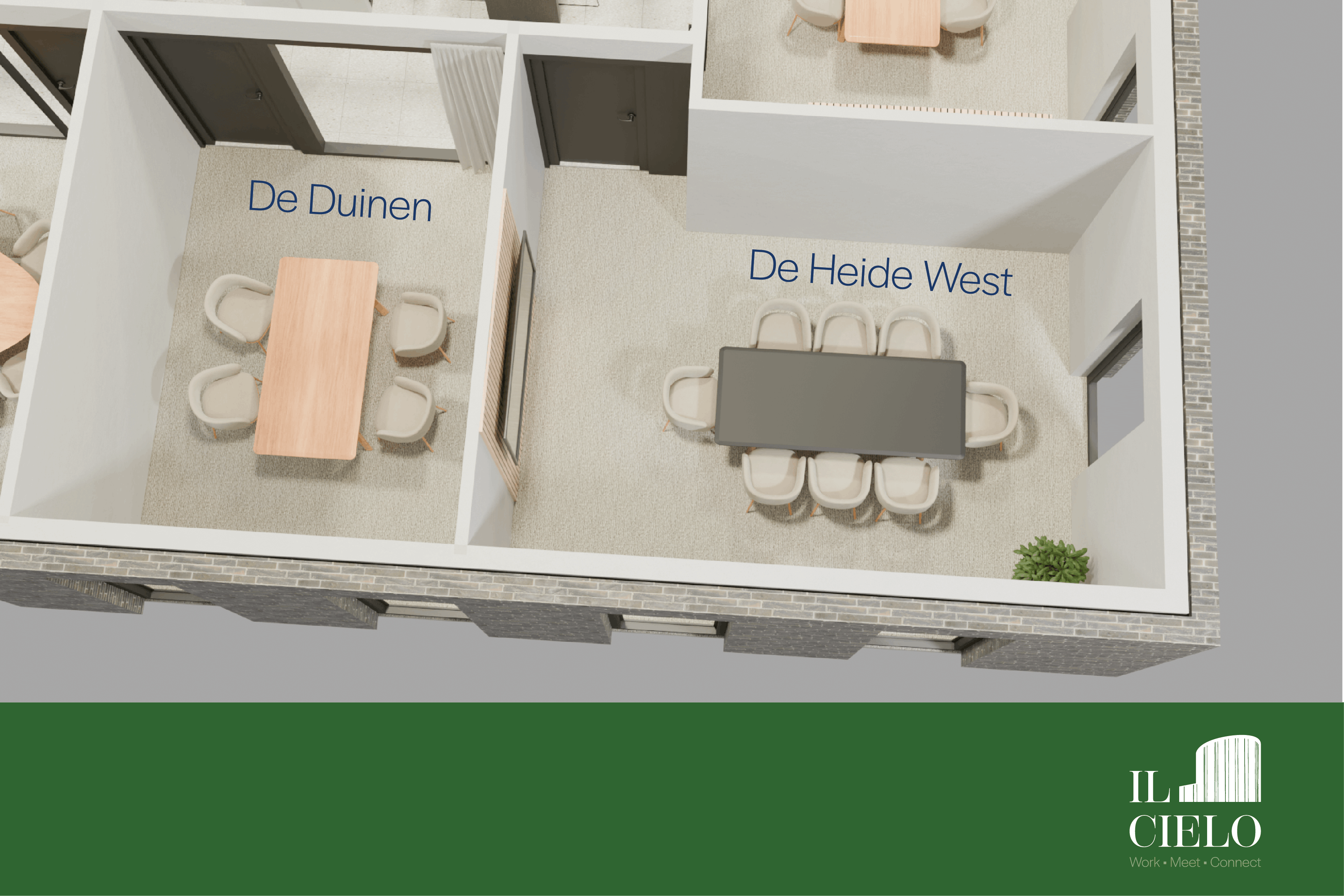 3D plan van meeting room "De Duinen", een vergaderzaal voor 6 personen met beeldscherm bij Il Cielo in Kasterlee.