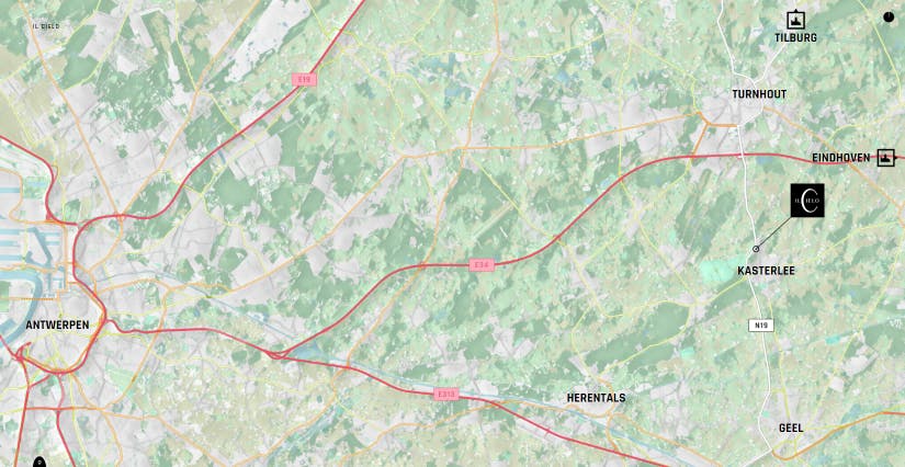 landkaart met de ideale ligging van Il Cielo in Kasterlee, mooi centraal tussen de grote steden van Vlaanderen.