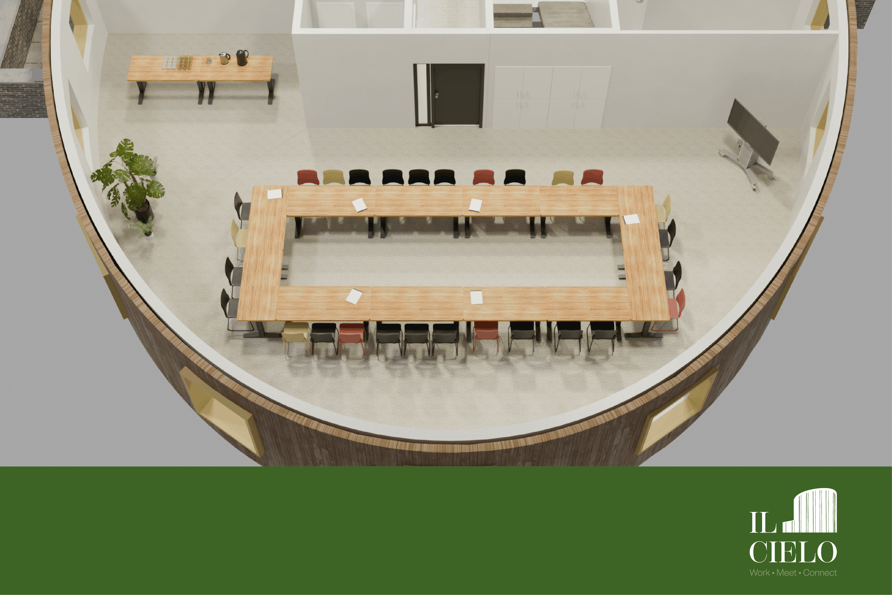 3D plan van meeting room "De Kastel", vergaderzaal met opstelling "carré" bij Il Cielo in Kasterlee.