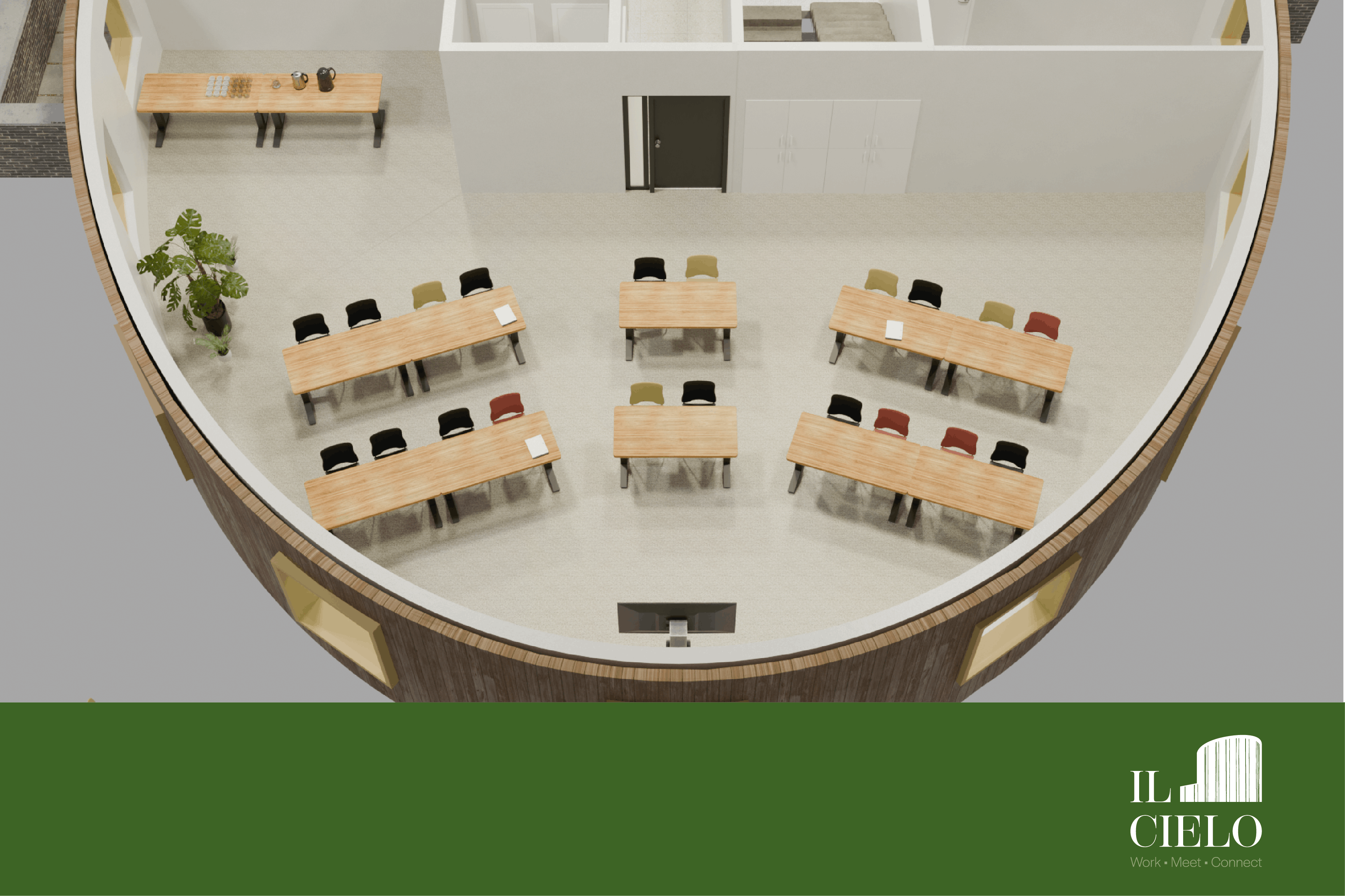 3D plan van meeting room "De Kastel", vergaderzaal met schoolopstelling "open" bij Il Cielo in Kasterlee.