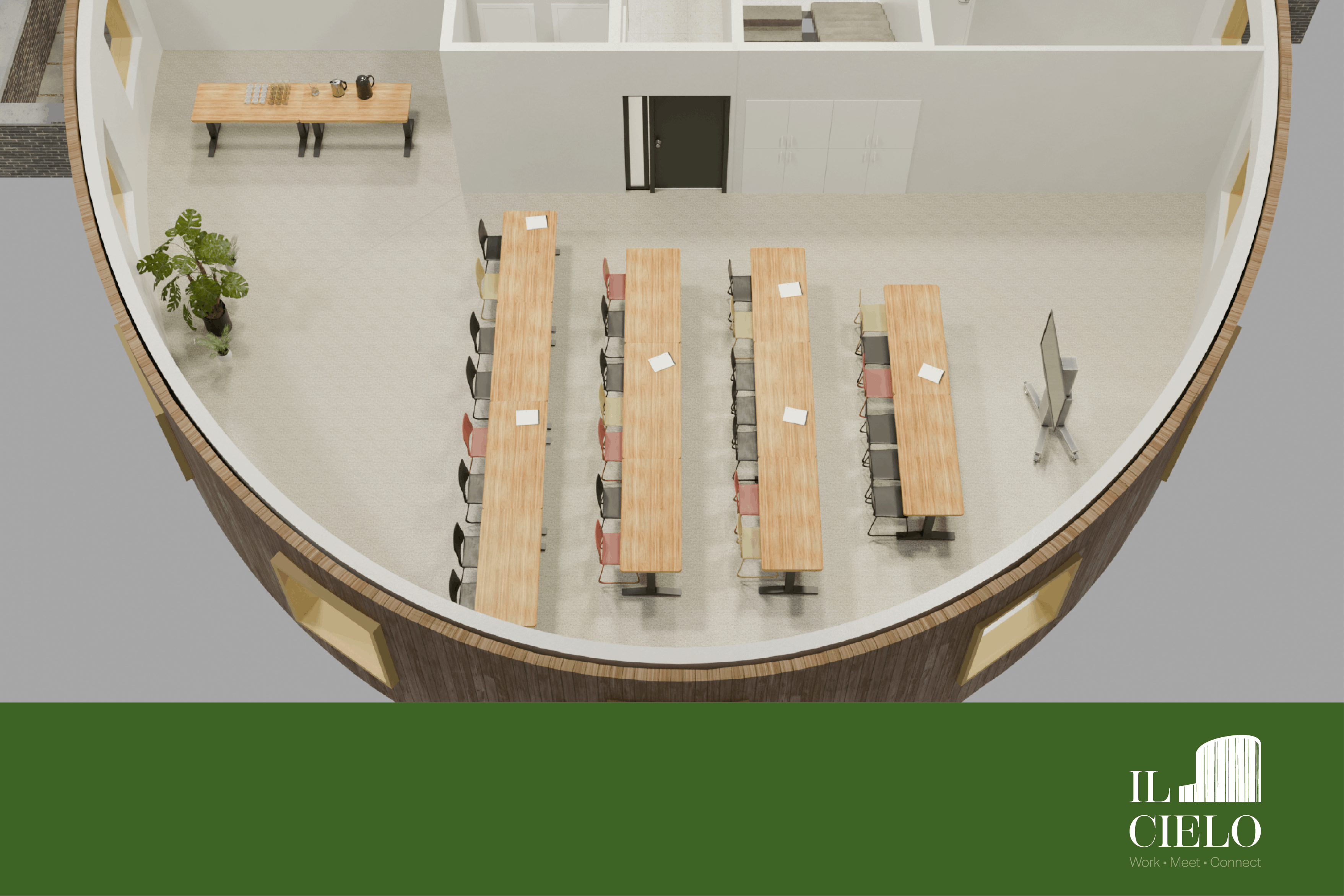 3D plan van meeting room "De Kastel", vergaderzaal met schoolopstelling "dicht" bij Il Cielo in Kasterlee.