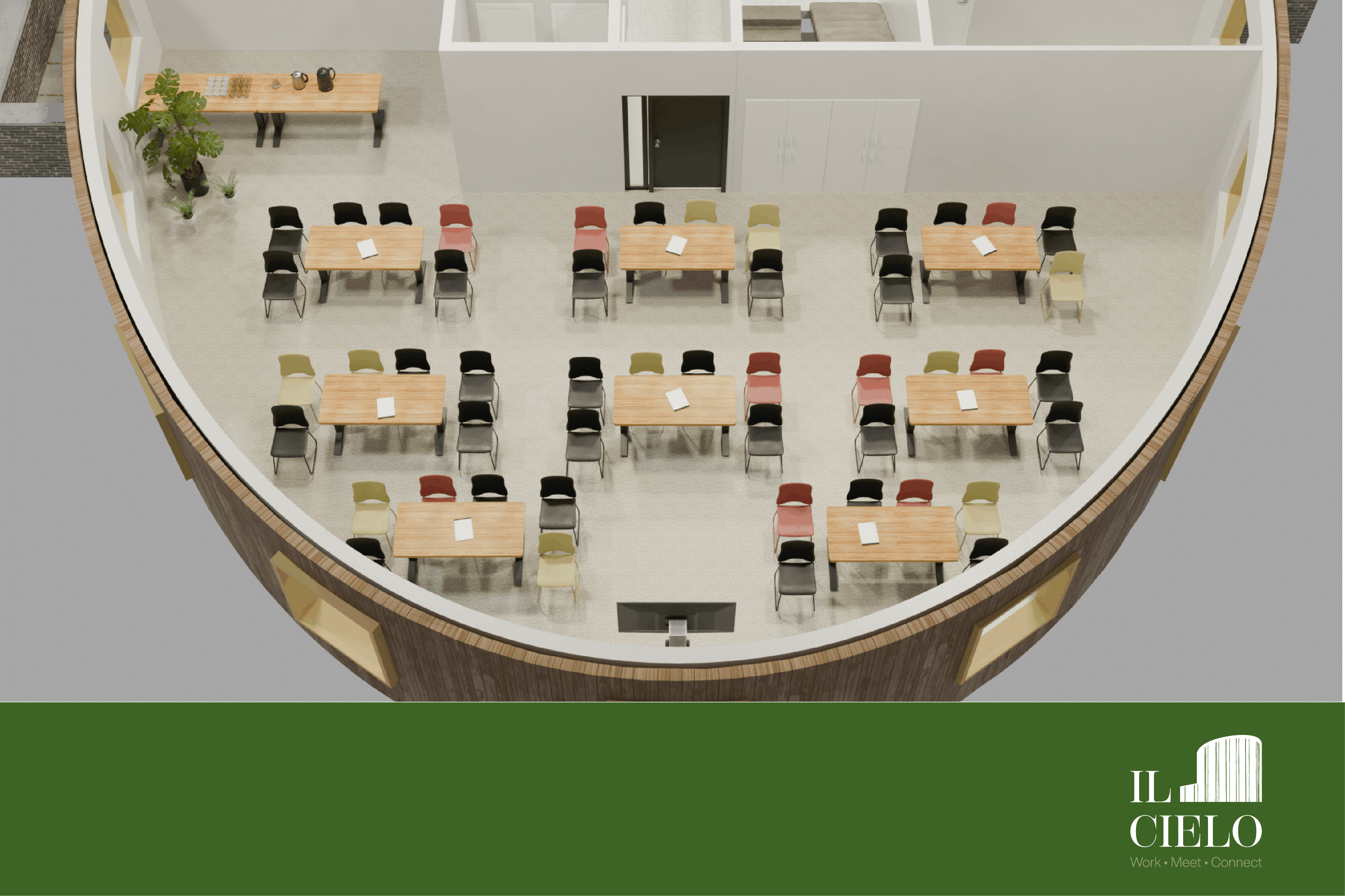 3D plan van meeting room "De Kastel", vergaderzaal met opstelling "cabaret" bij Il Cielo in Kasterlee.