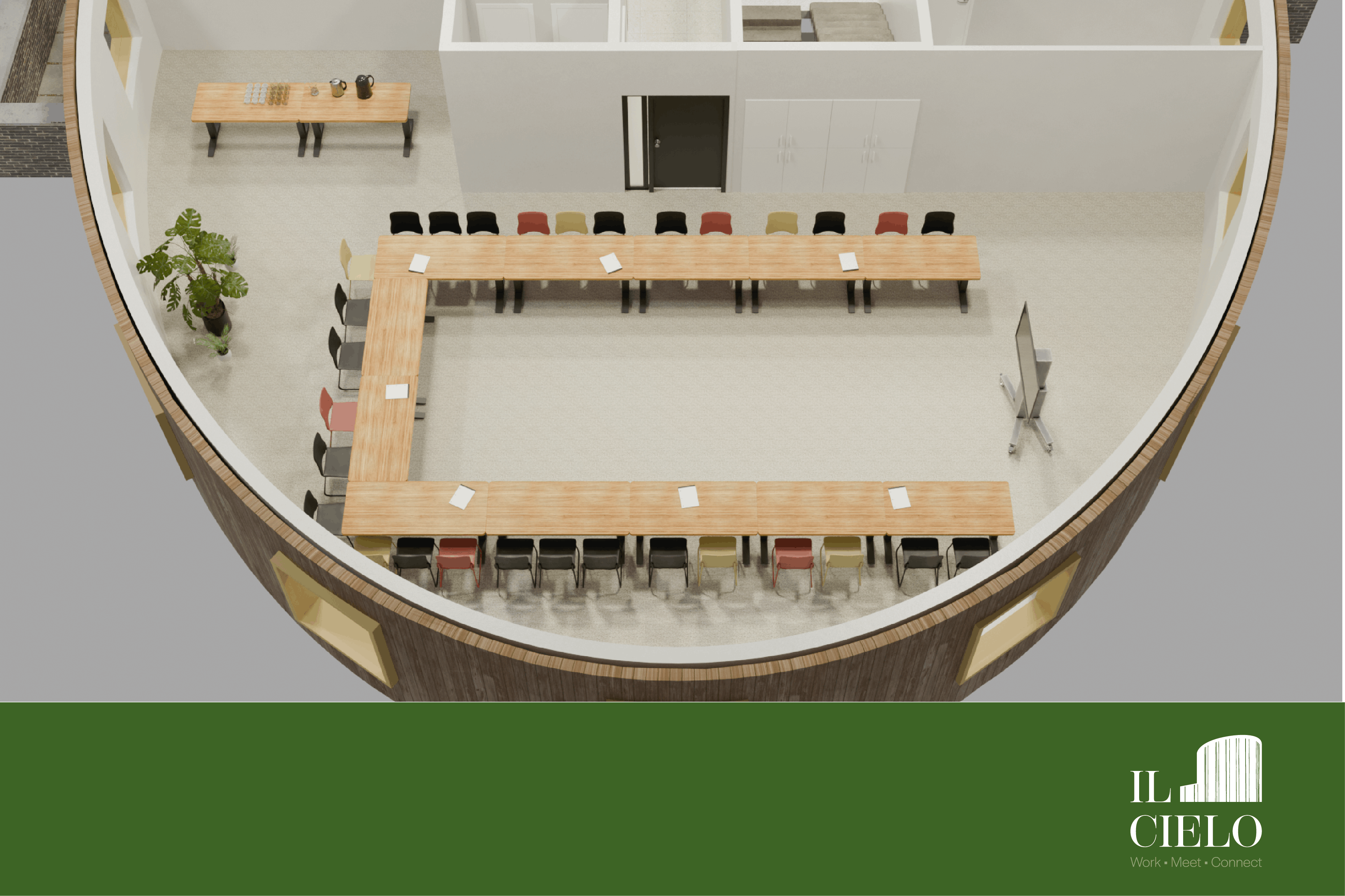 3D plan van meeting room "De Kastel", vergaderzaal met opstelling "U vorm" bij Il Cielo in Kasterlee.