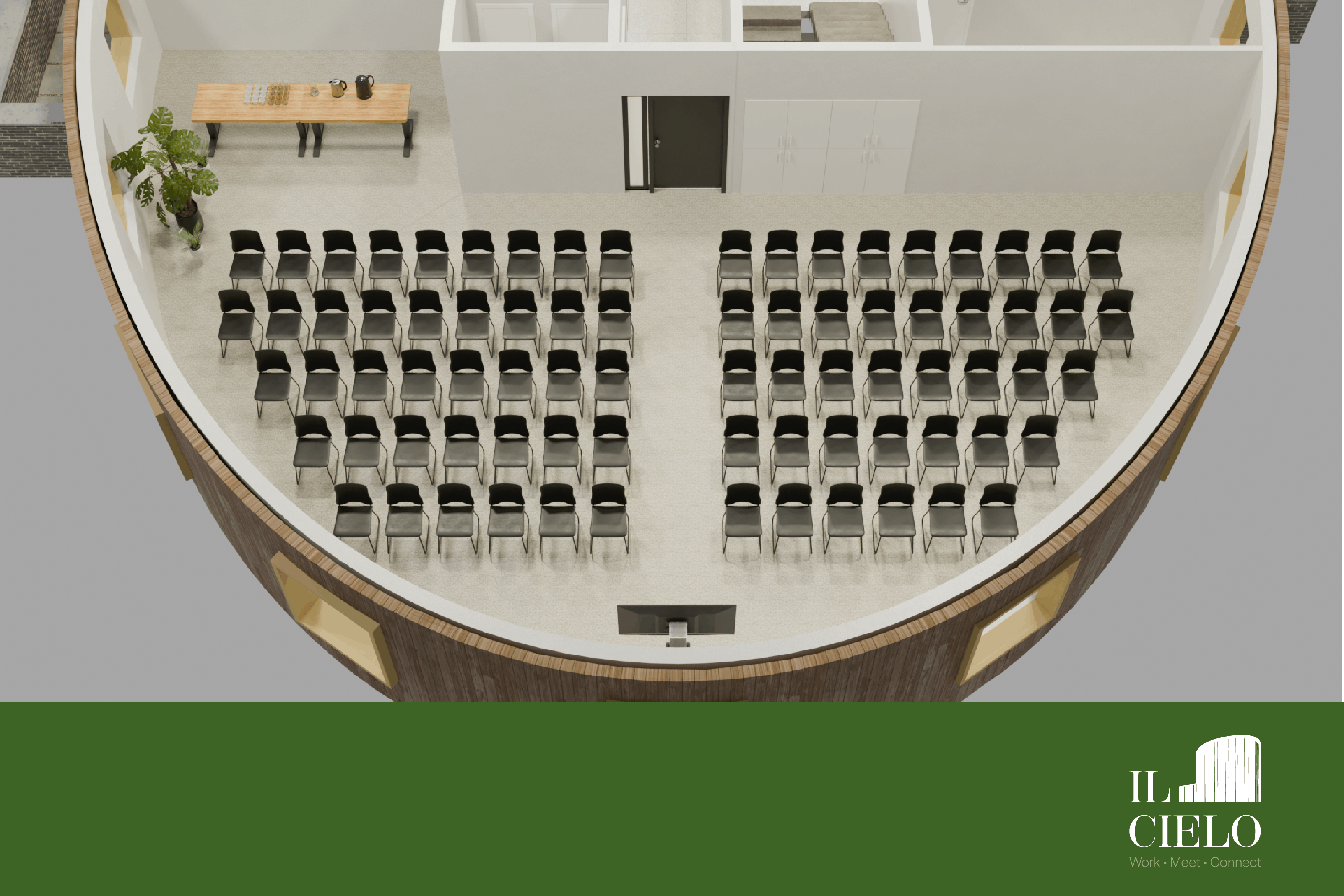 3D plan van meeting room "De Kastel", vergaderzaal met opstelling "theater" bij Il Cielo in Kasterlee.