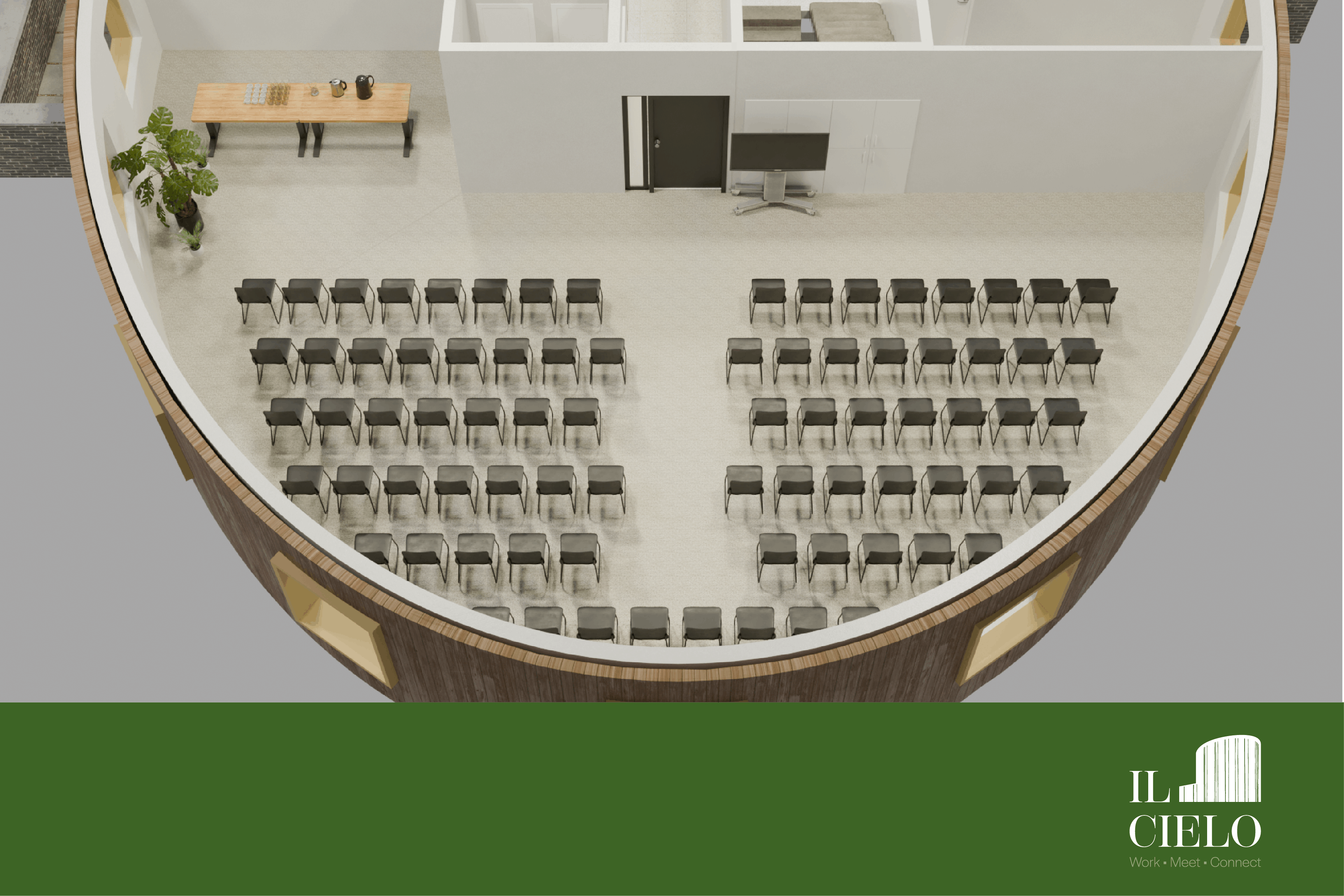 3D plan van meeting room "De Kastel", vergaderzaal met opstelling "theater geschrankt" bij Il Cielo in Kasterlee.