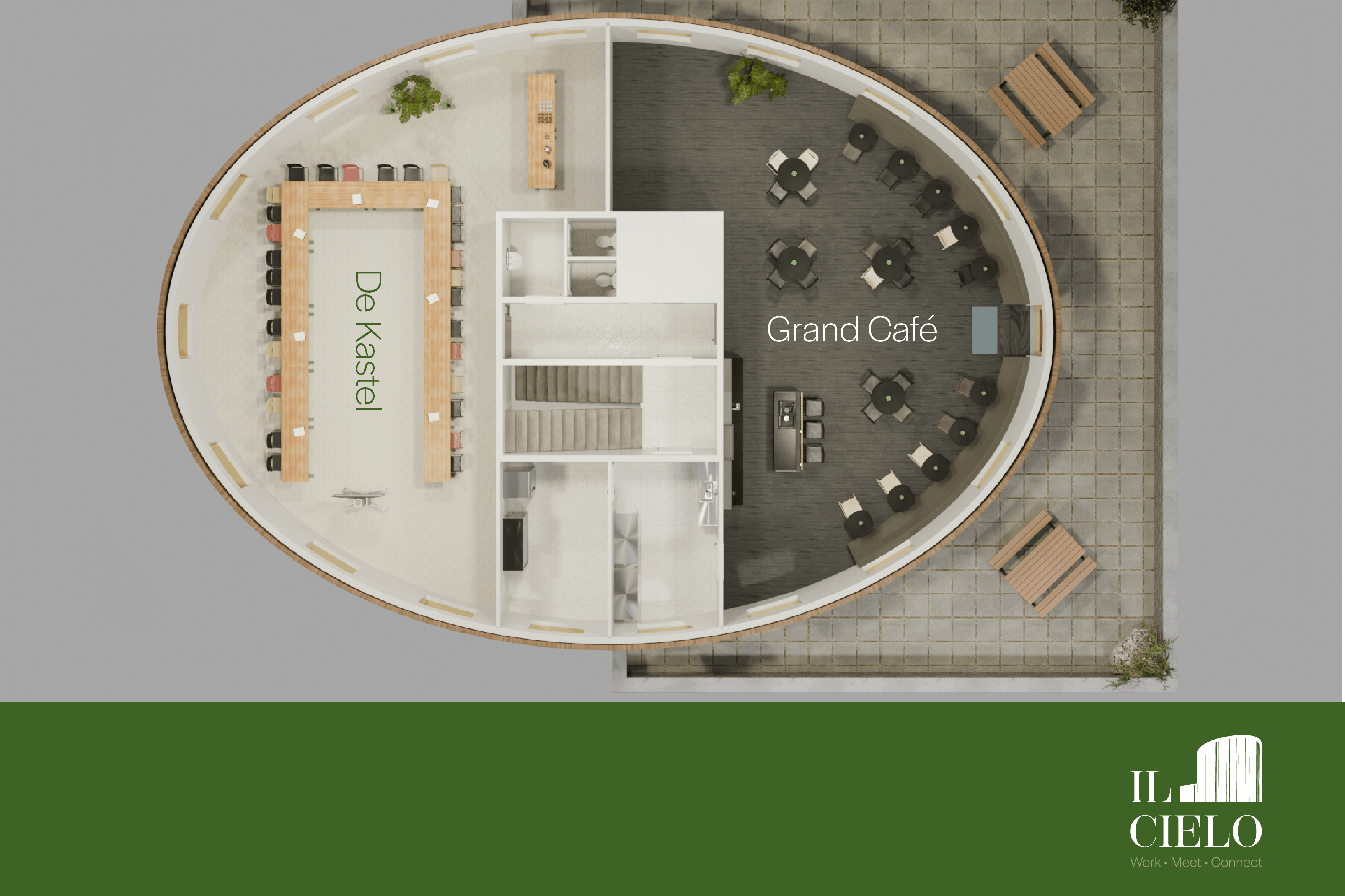 3D plan van netwerkruimte "Grand Café" en vergaderzaal "De Kastel" bij Il Cielo in Kasterlee.