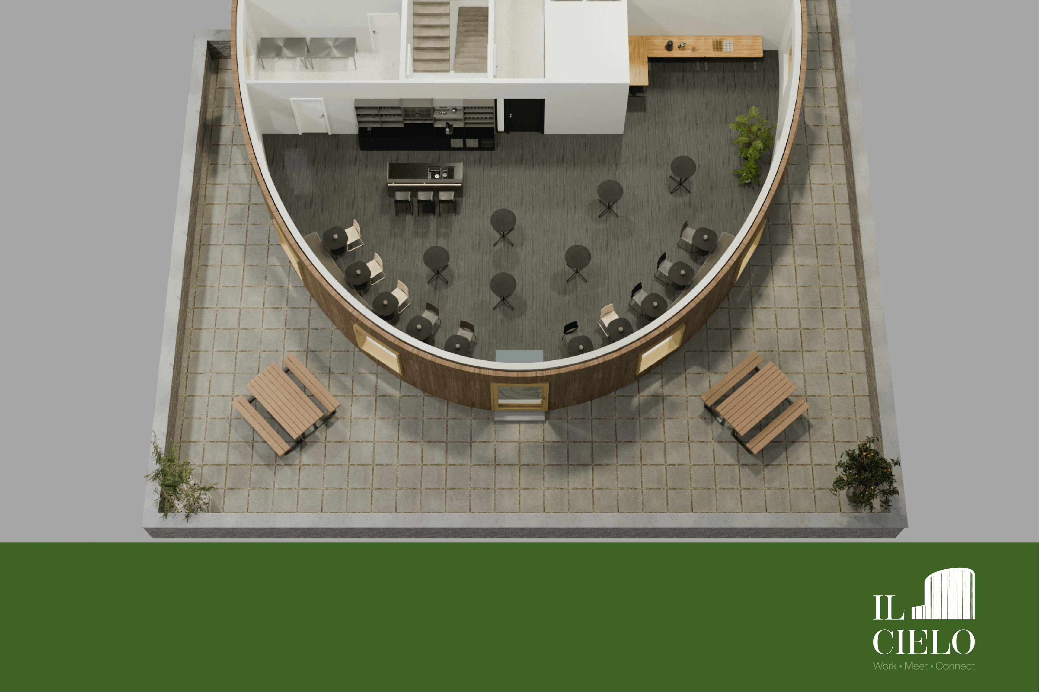 3D plan van netwerkruimte "Grand Café" met toog en receptie opstelling bij Il Cielo in Kasterlee.