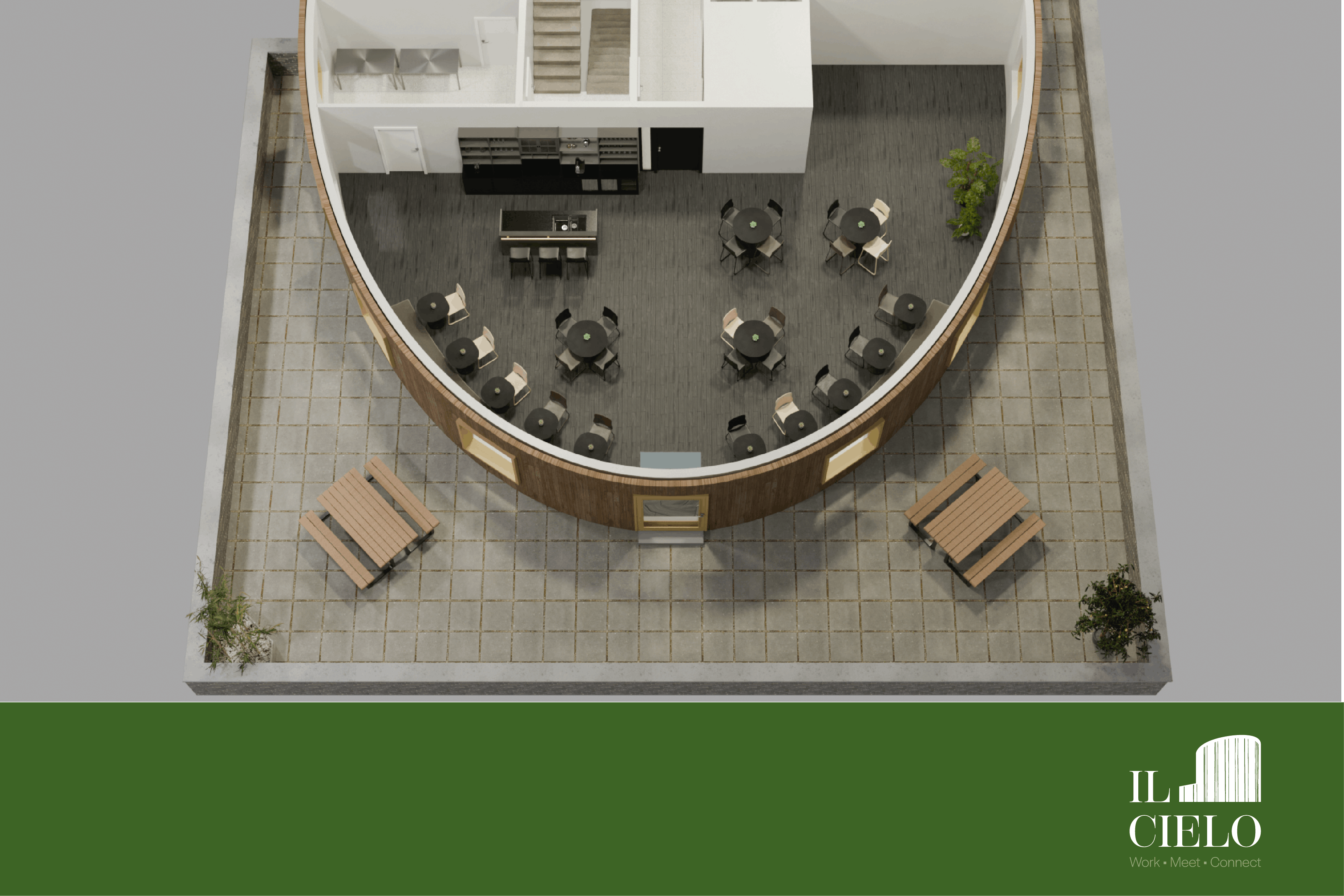 3D plan van netwerkruimte "Grand Café" met toog en zitplaatsen bij Il Cielo in Kasterlee.