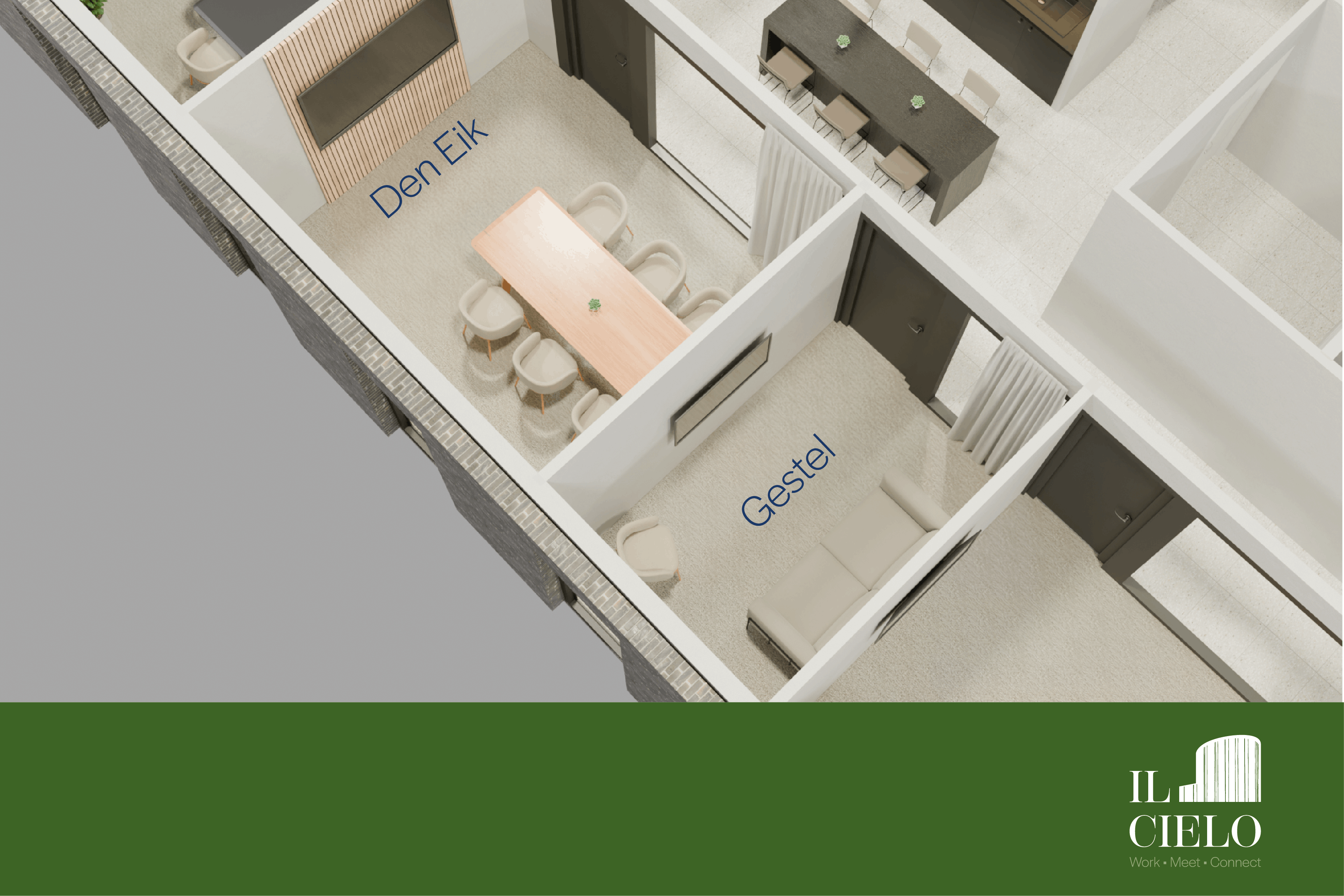 3D plan van meeting room "Den Eik", vergaderzaal voor 6 personen bij Il Cielo in Kasterlee.