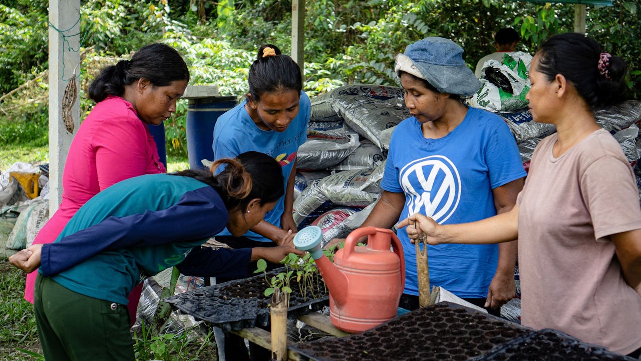 Maimun shows four younger women how to take care of vegetable seedlings.