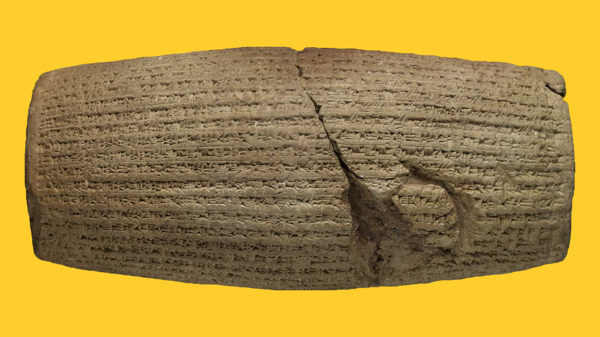 A photograph of the Cylinder of Cyrus, a marble cylinder from the 6th century BC, carved in Akkadian cuneiform script in the name of Persia's Achaemenid king, Cyrus the Great.