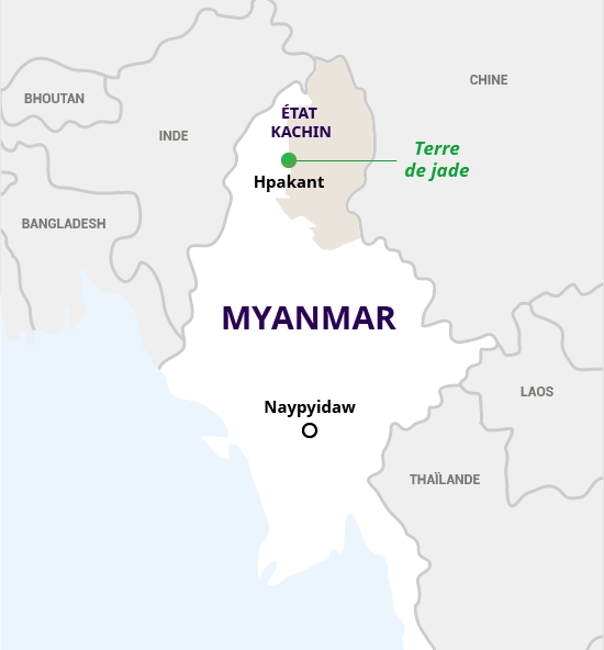 Carte du Myanmar montrant la region de Hpakant au nord du pays, connue comme la "terre de jade".   