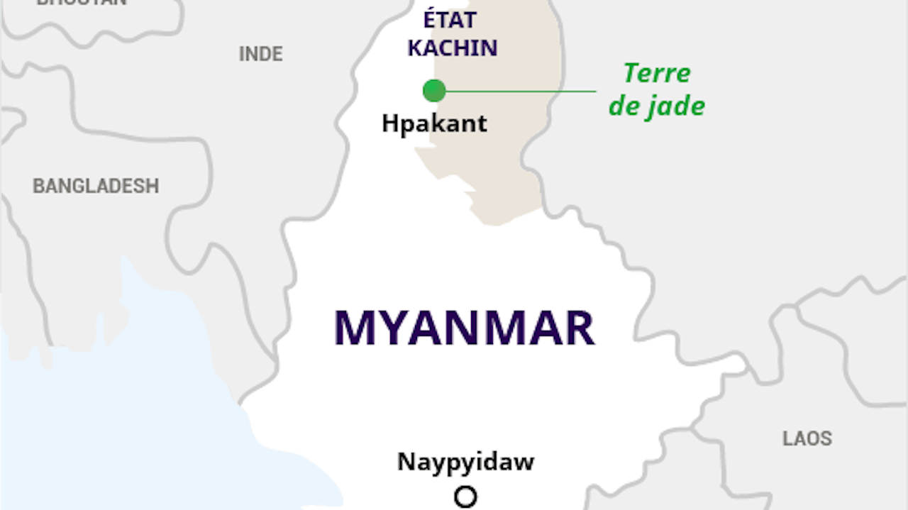 Carte du Myanmar montrant la region de Hpakant au nord du pays, connue comme la "terre de jade".