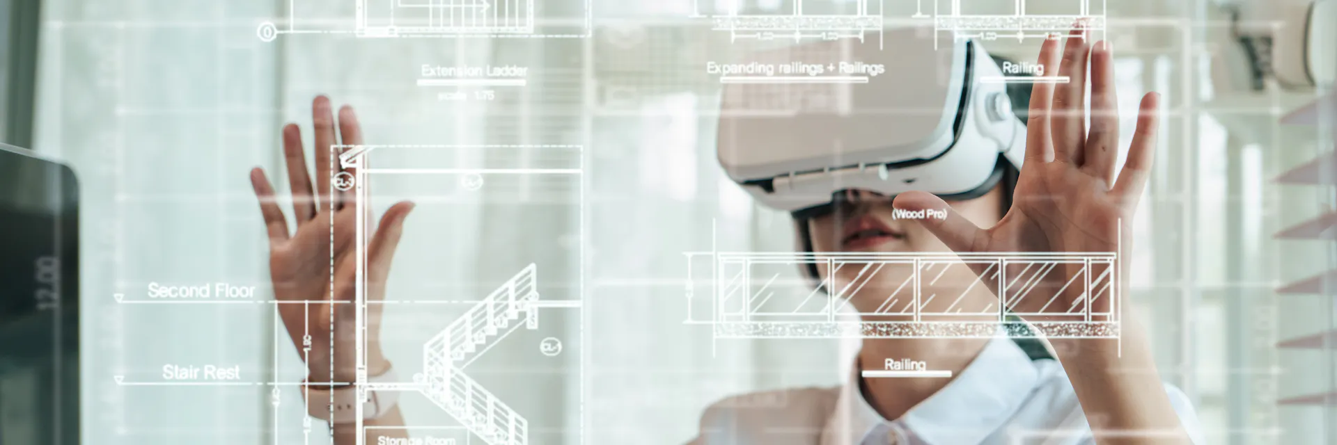 A young woman wears white virtual reality headset and a smart, white shirt, and holds her hands up as if moving things on a transparent screen. White outlines that look like information architecture drawings are superimposed on the image, suggesting that this is what she is looking at with the headset.
