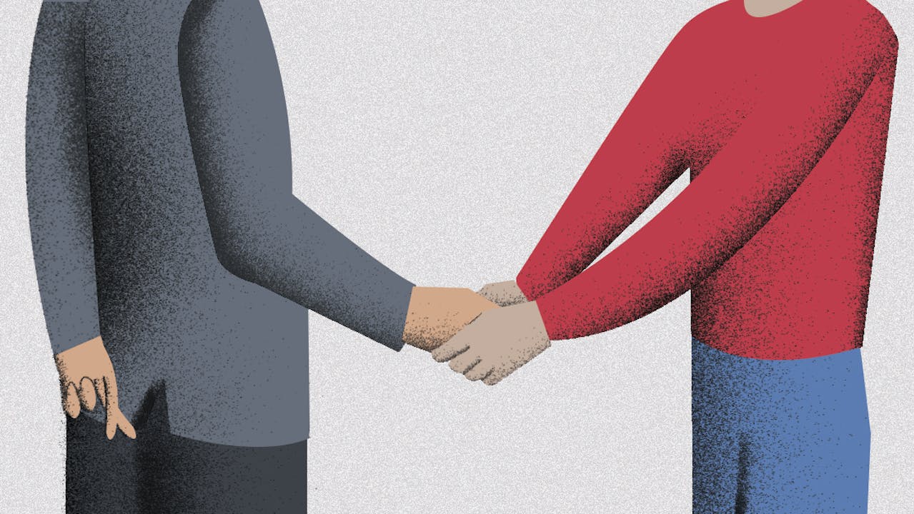 An illustration shows two men shaking hands. It’s cropped to show them from the shoulders down. The person on the right wears a red shirt. The person on the left wears a dark grey jacket and is crossing his fingers behind his back. 