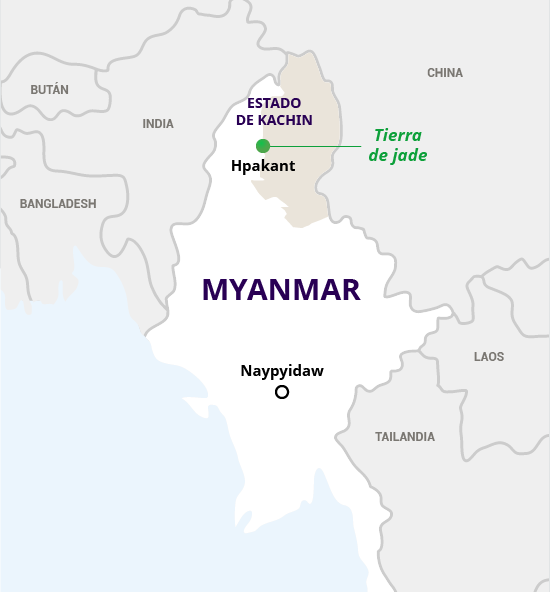 Mapa de Myanmar en el que se muestra la región de Hpakant, al norte del país, conocida como la "tierra del jade".   