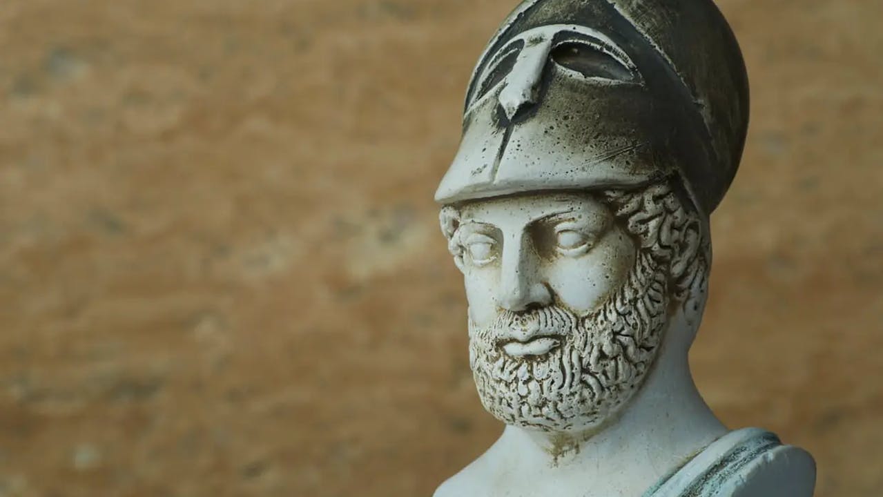 A bust of Pericles wearing a helmet, the most famous and influential Athenian statesman of ancient Greece.