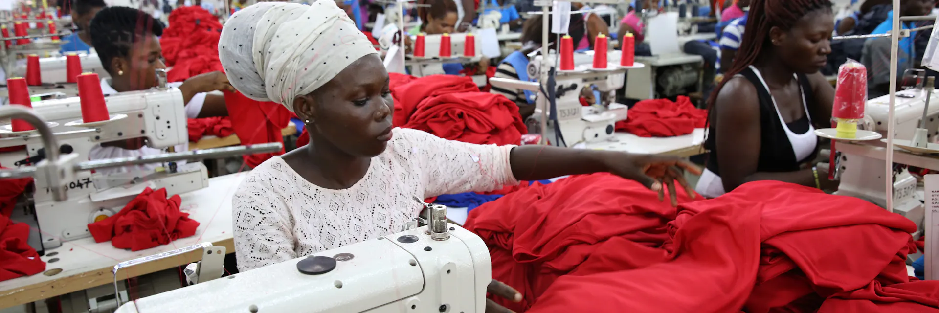 Dignity factory workers (women) sew shirts for overseas clients, in Accra, Ghana on October 13, 2015.