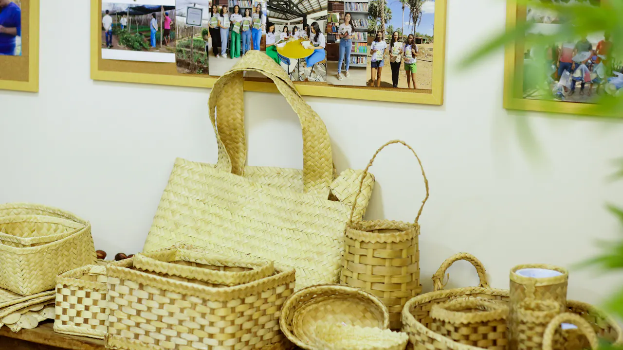Sur une table, on peut voir des paniers, des sacs et des récipients tissés à partir de carnauba. Sur le mur juste au-dessus de la table, on aperçoit des photos montrant des groupes de personnes qui fabriquent ces produits artisanaux.