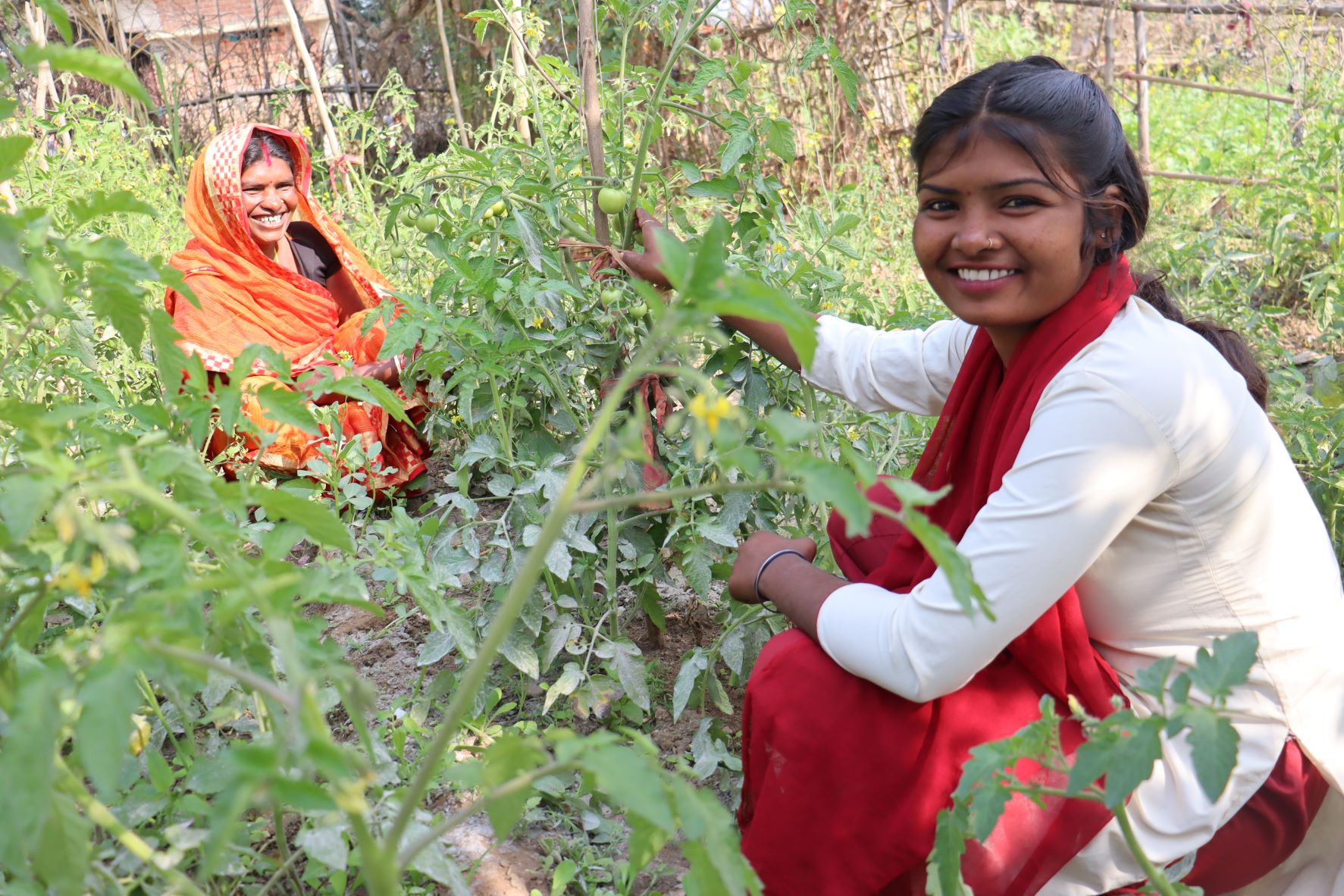 Suman and her mother in a vegetable garden with tomato plants, both are smiling.