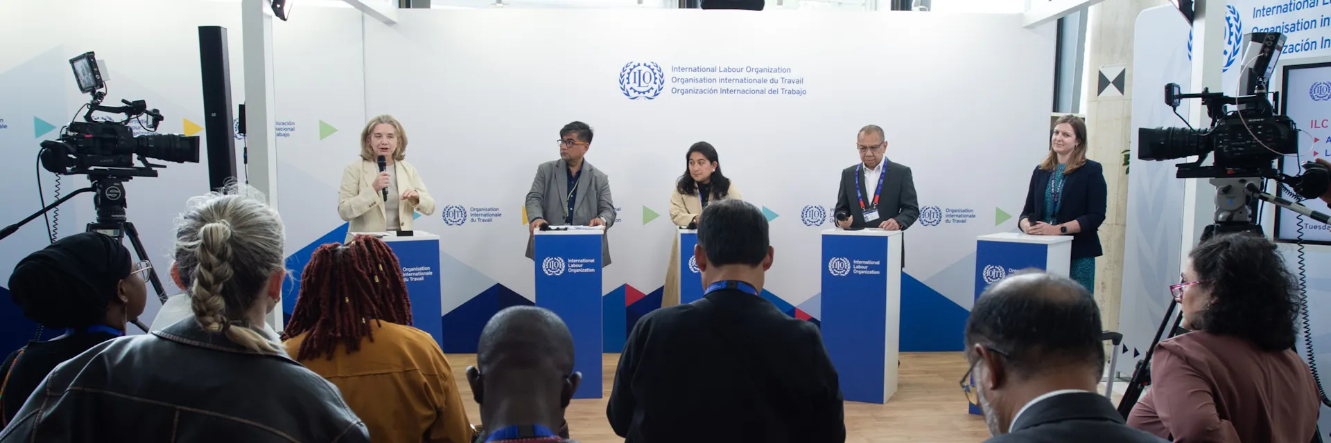 Wide shot of speakers and moderator at June 2 "ILC Conversation" at the 113th International Labour Conference on 2 June 2025.