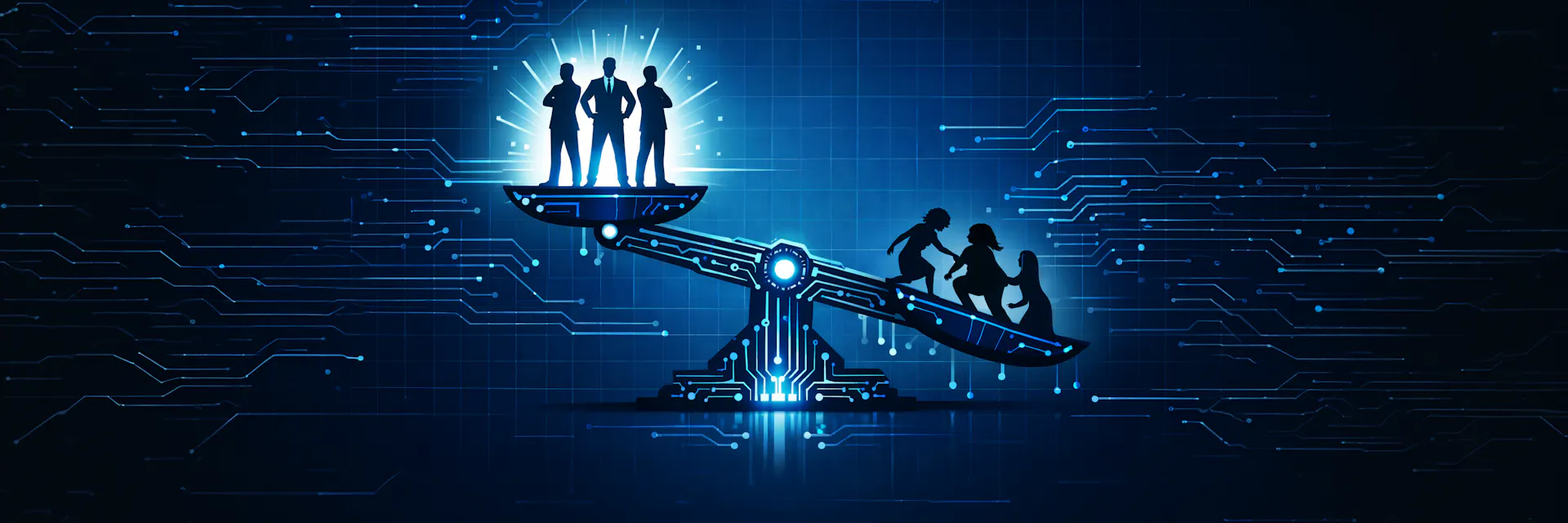 AI-generated illustration of digital imbalance: three men stand at the top of a balance scale while three women are shown moving upward on the opposite side
