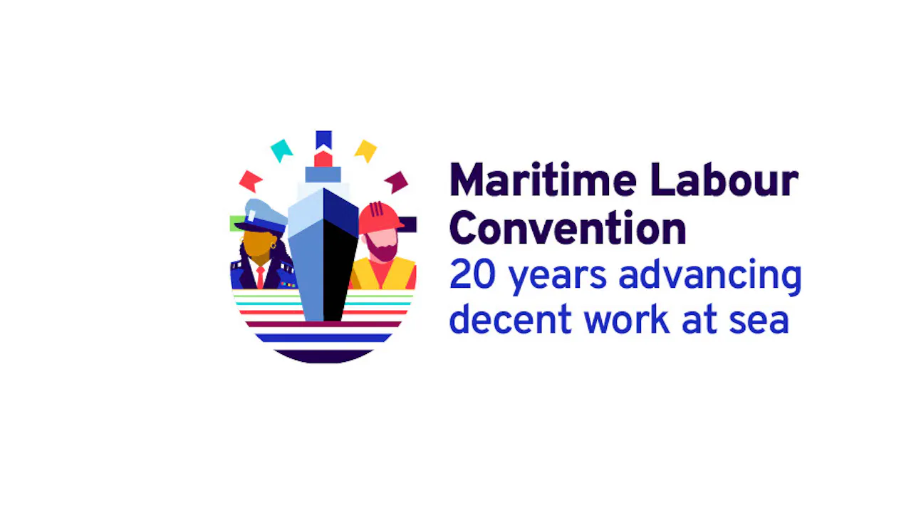 Logo with text "Maritime Labour Convention - 20 years of advancing decent work at sea" and illustration of a female captain and male seafarer with a ship.